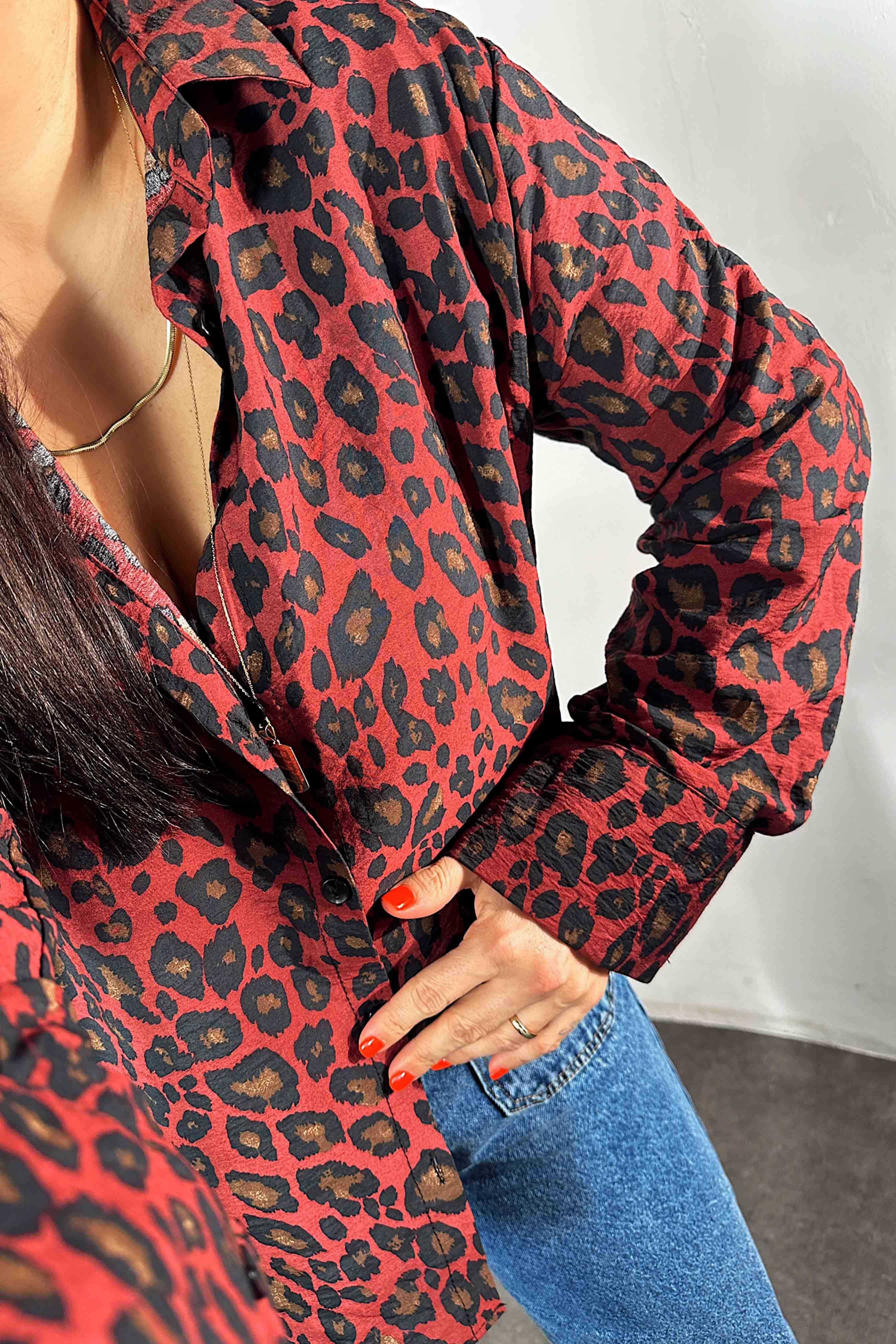 Leopar Desen Gömlek Bordo