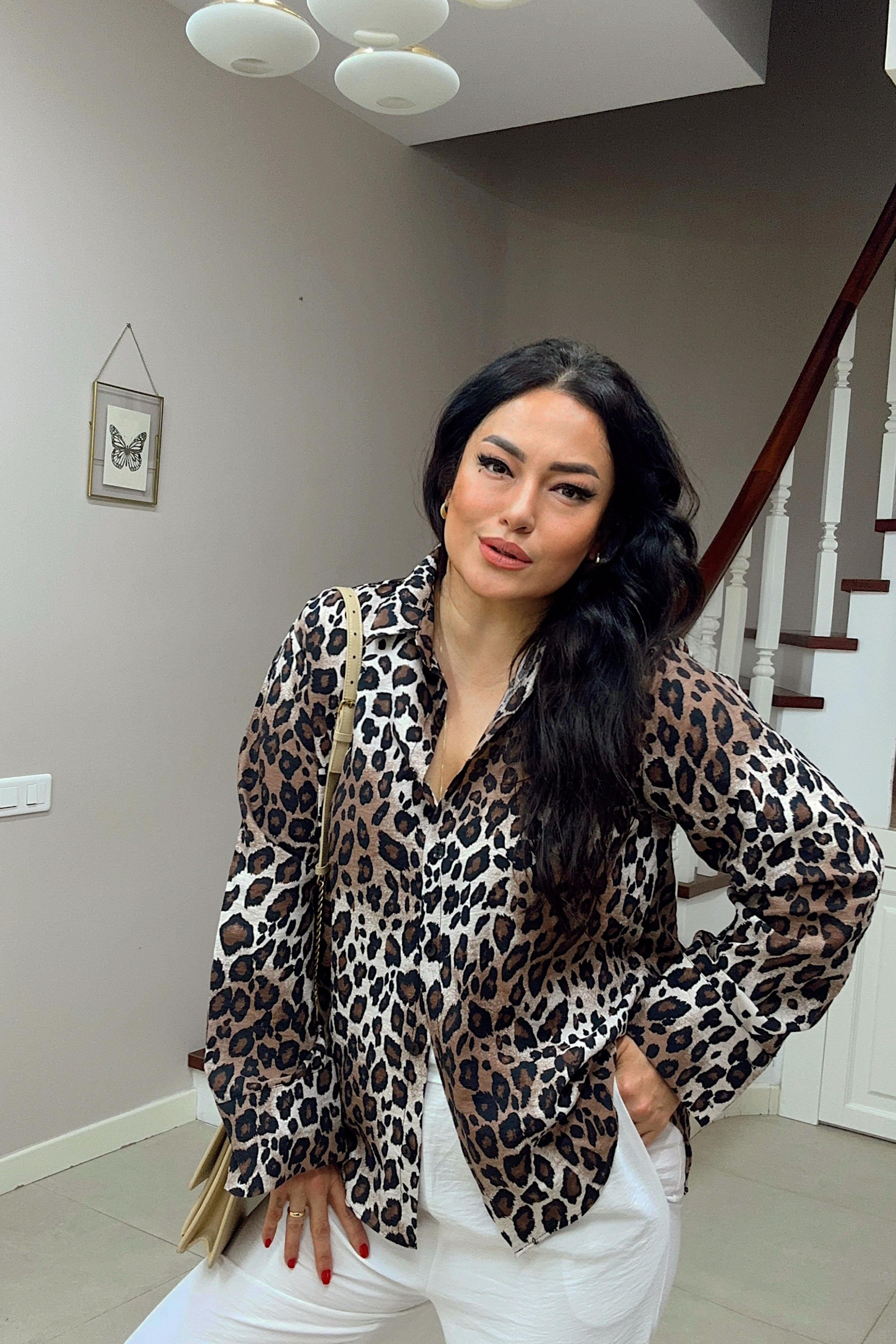Leopar Desen Gömlek Kahverengi