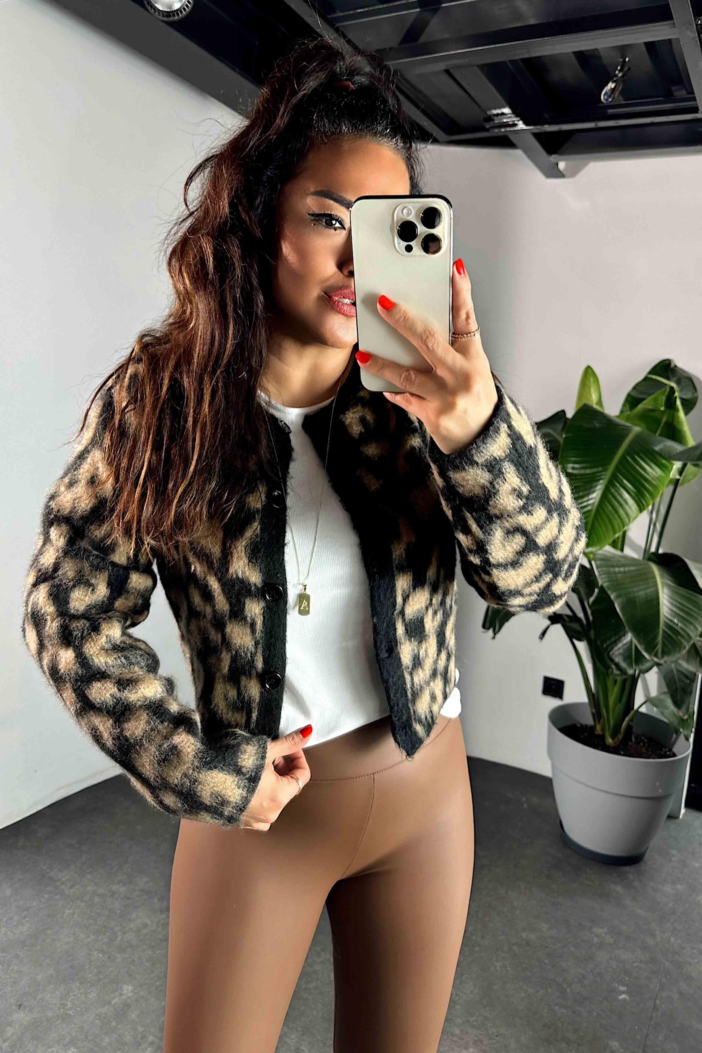 Leopar Desen Yumoş Kadın Hırka Vizon