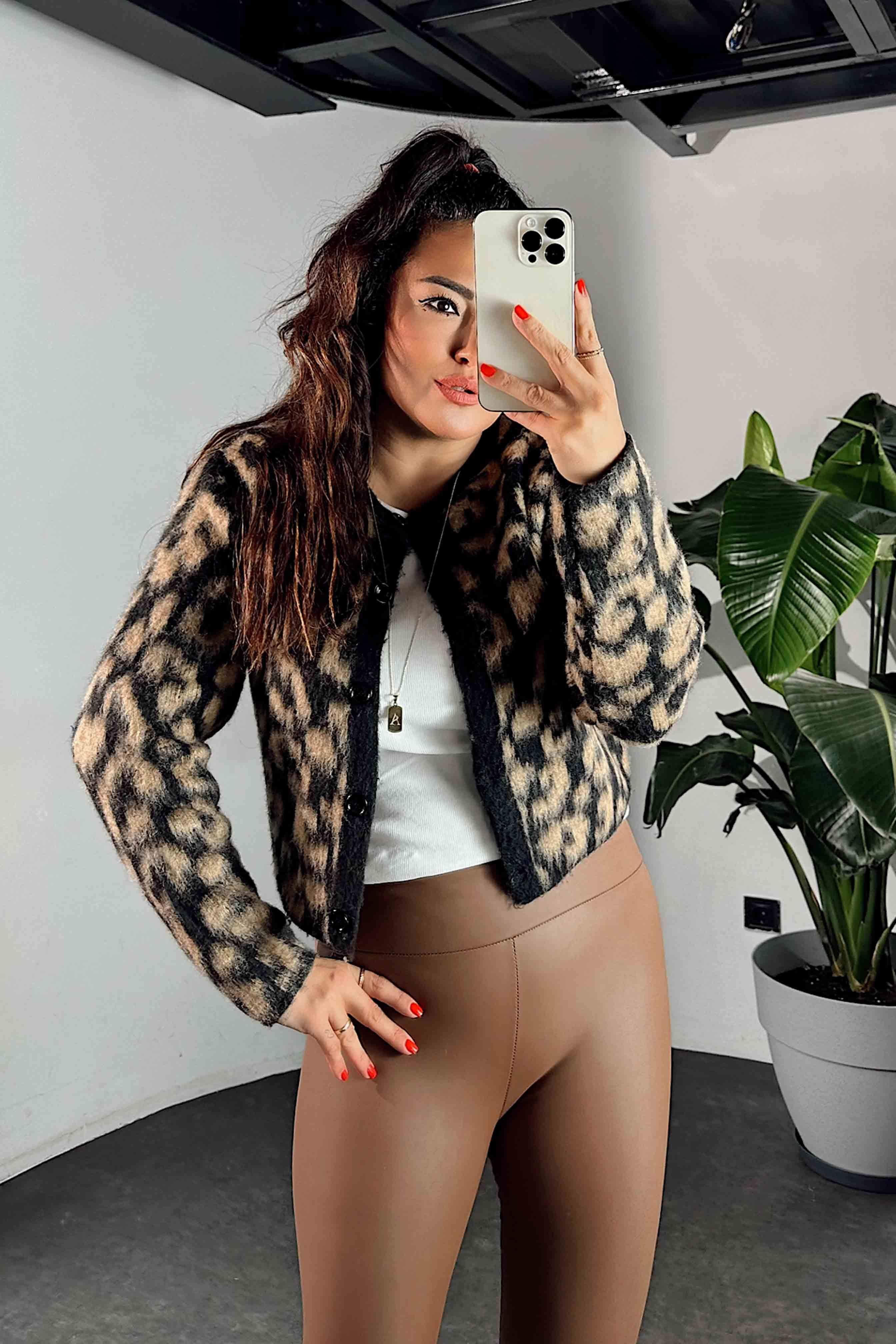 Leopar Desen Yumoş Kadın Hırka Vizon