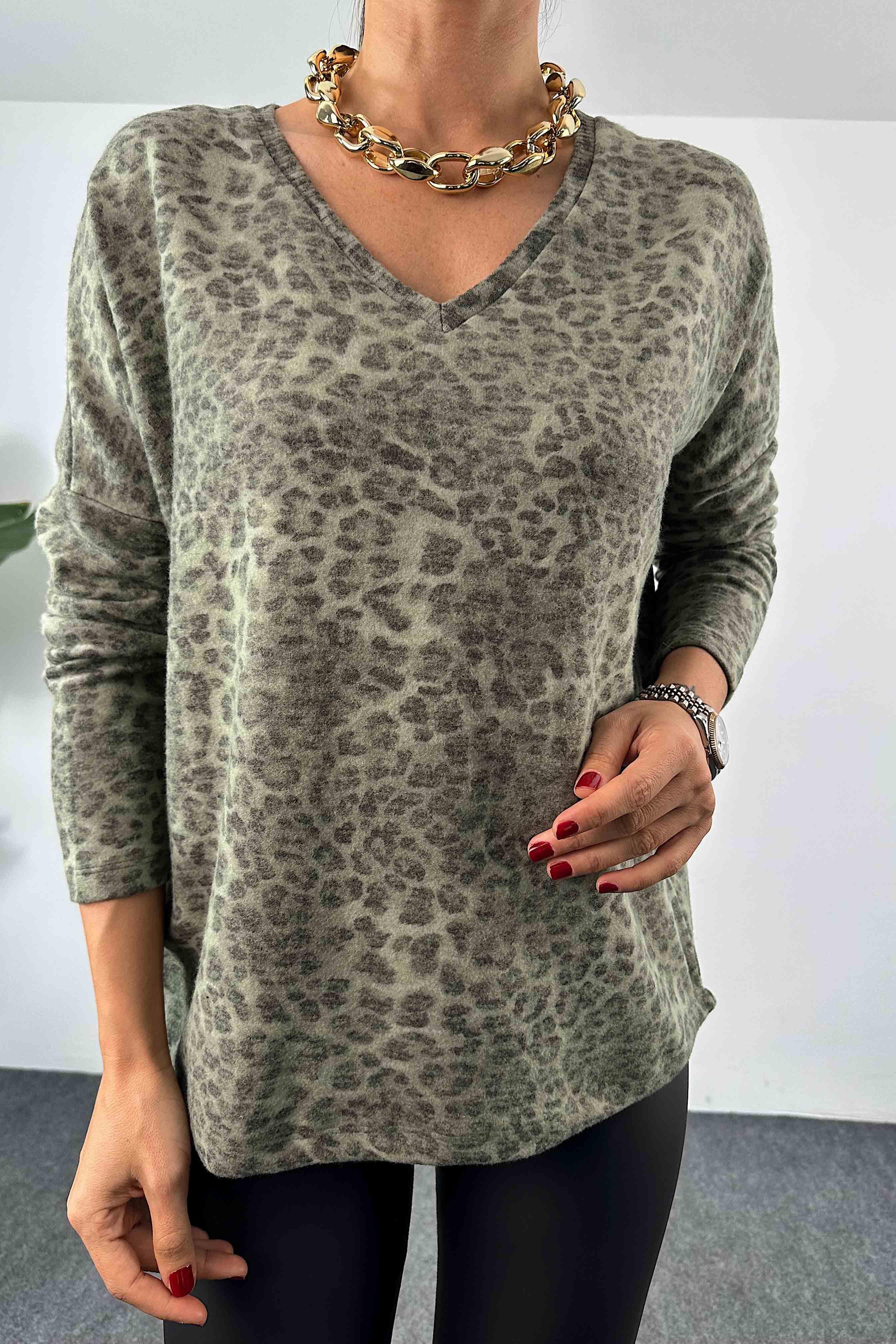 Leopar Desenli Oversize Kadın Bluz Haki