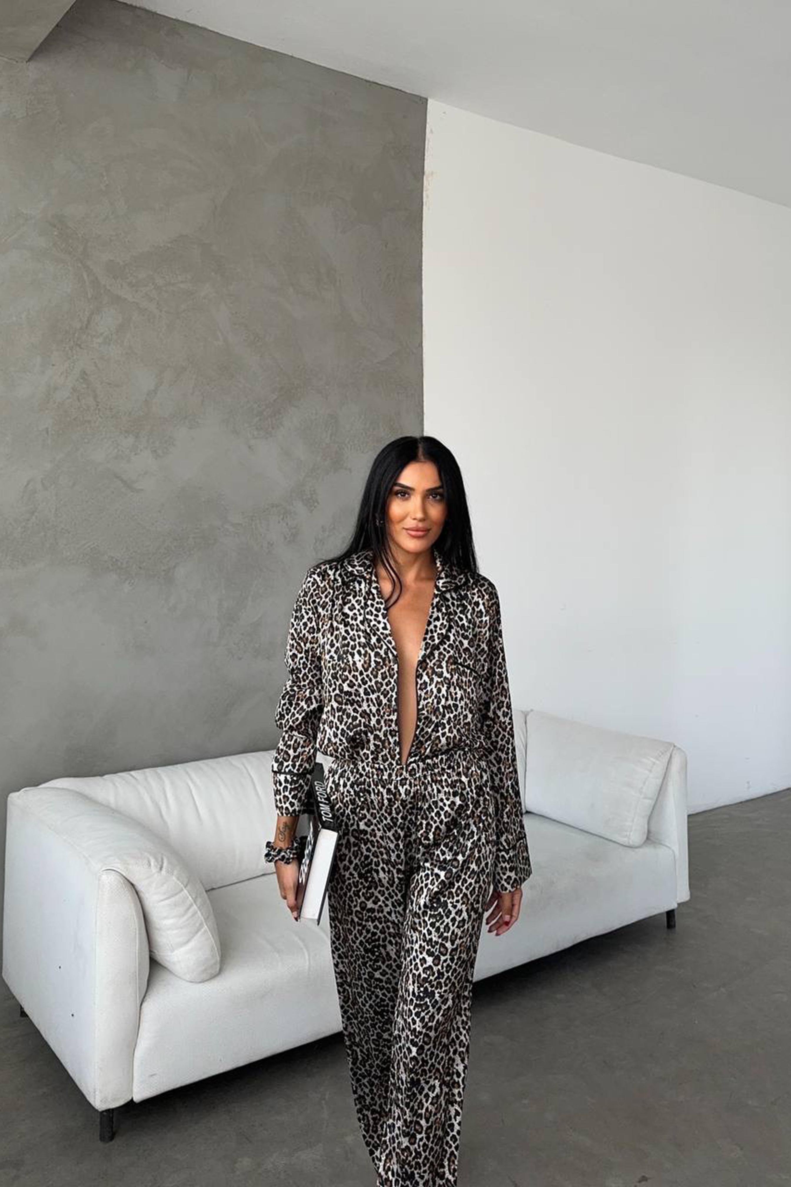 Leopardo Verde Saten Uzun Pijama Takımı Vizon