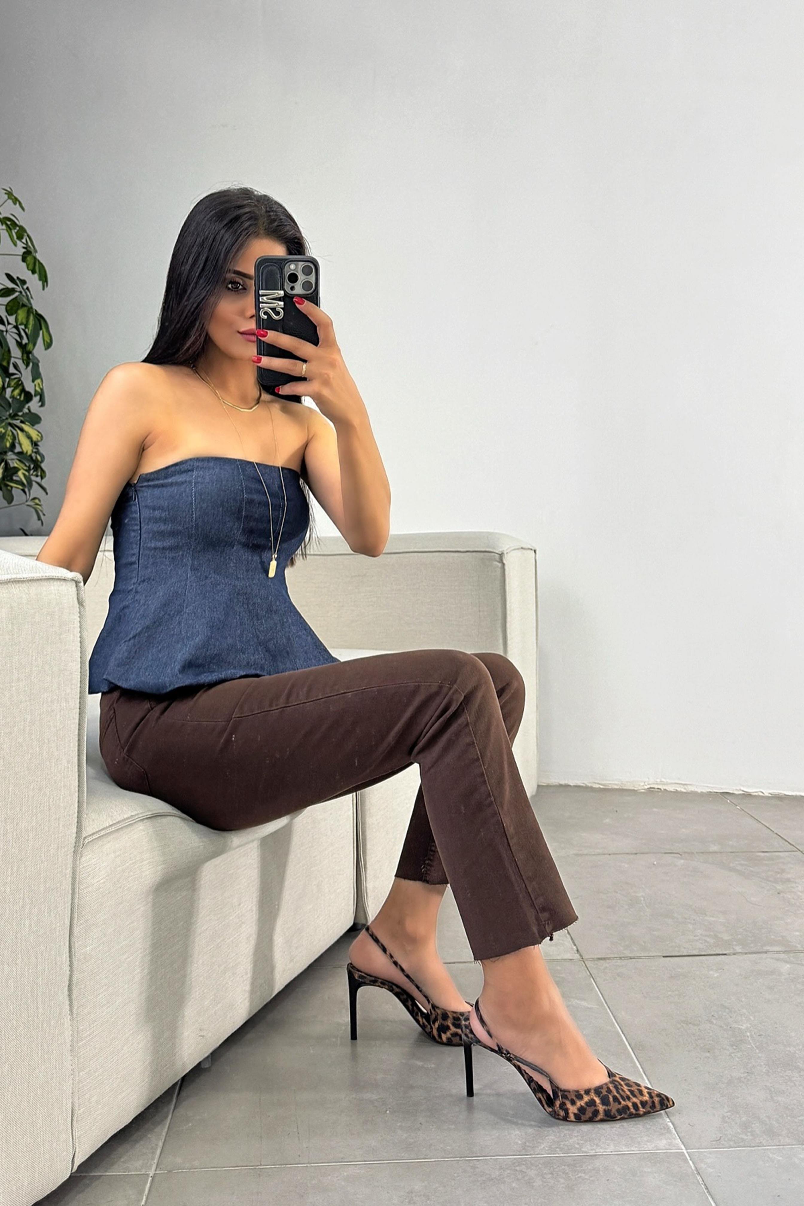 Likralı Volan Detaylı Straplez Bluz Mavi