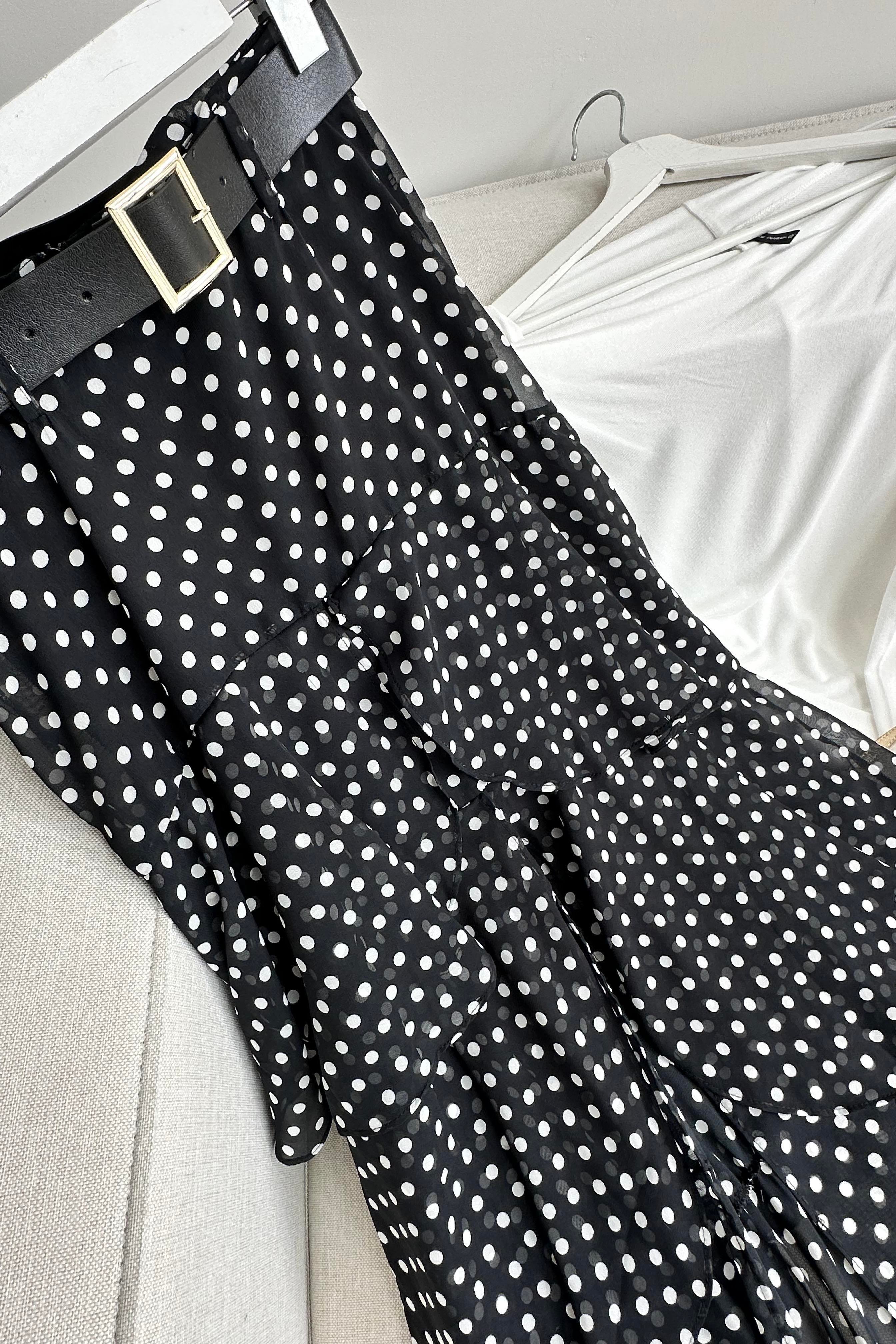 Lina Polka Dot Katlı Şifon Etek Siyah