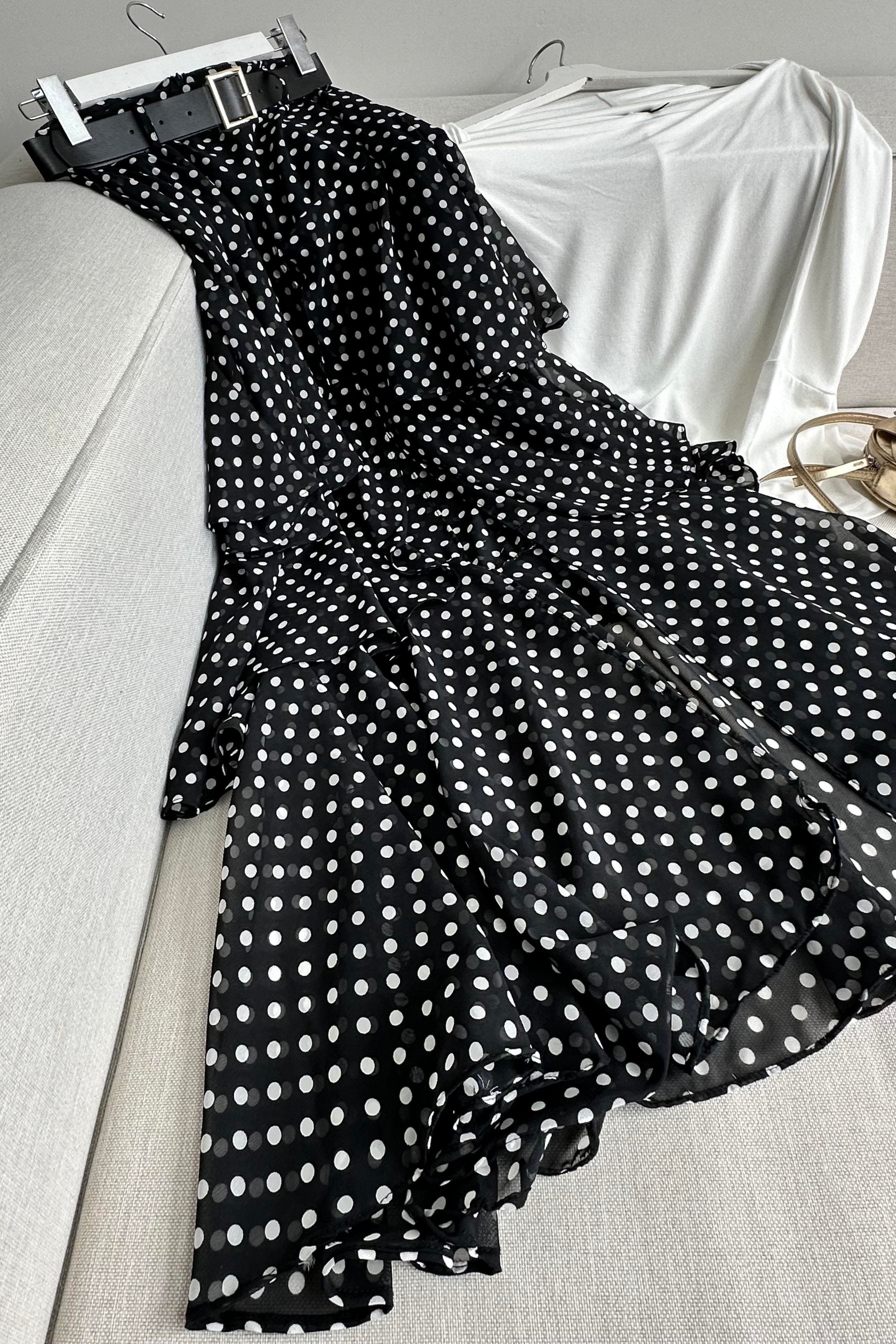 Lina Polka Dot Katlı Şifon Etek Siyah