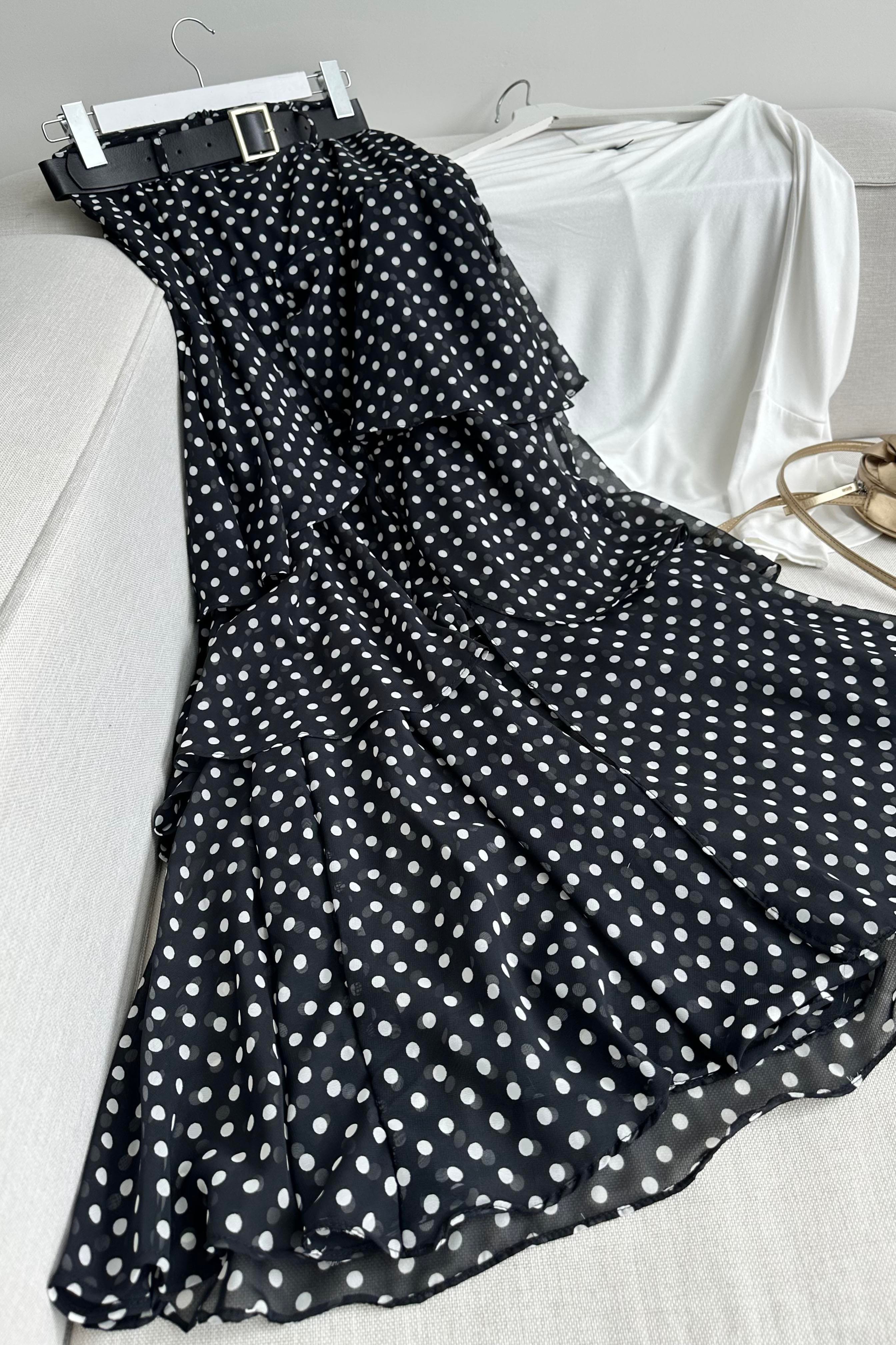 Lina Polka Dot Katlı Şifon Etek Siyah