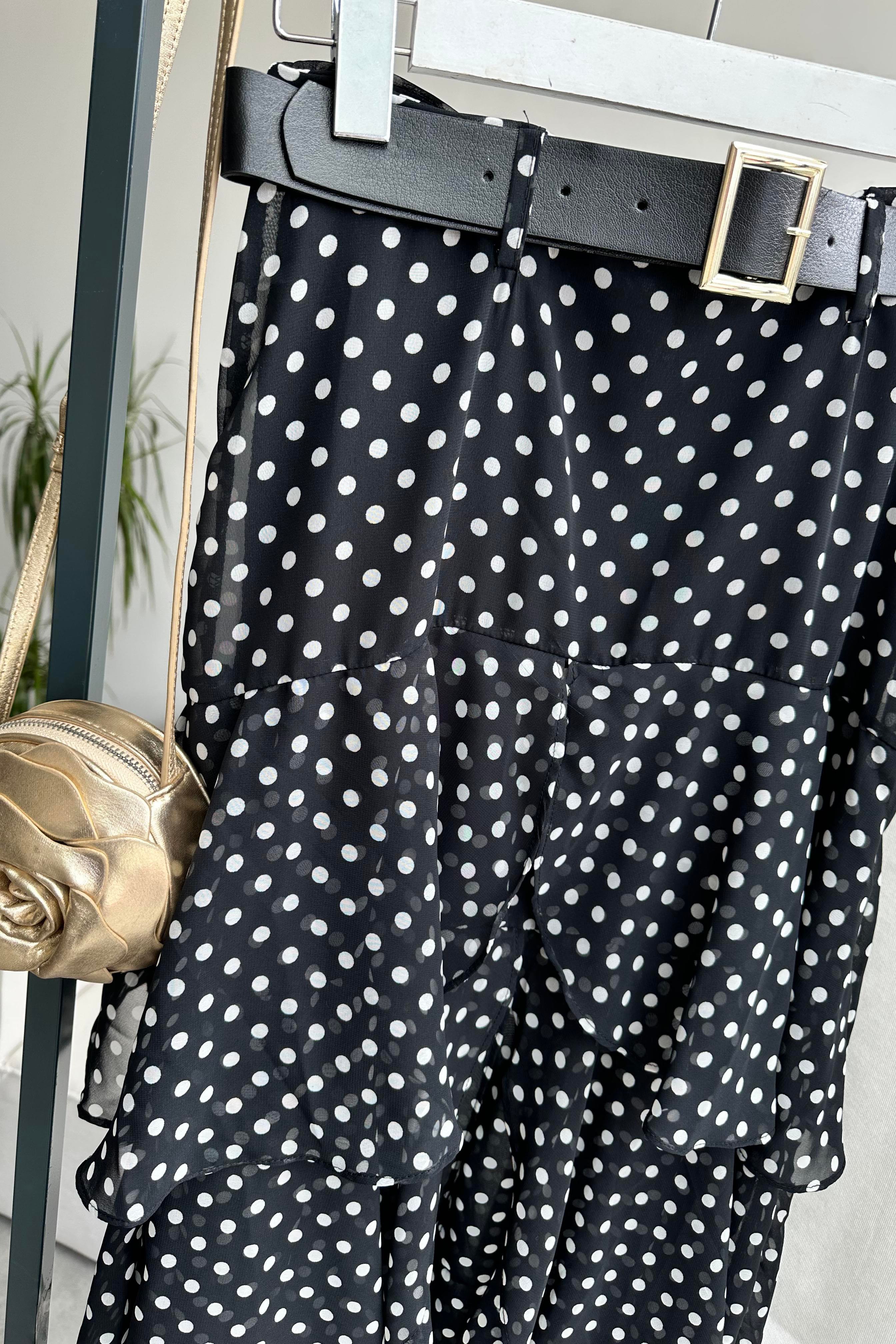 Lina Polka Dot Katlı Şifon Etek Siyah
