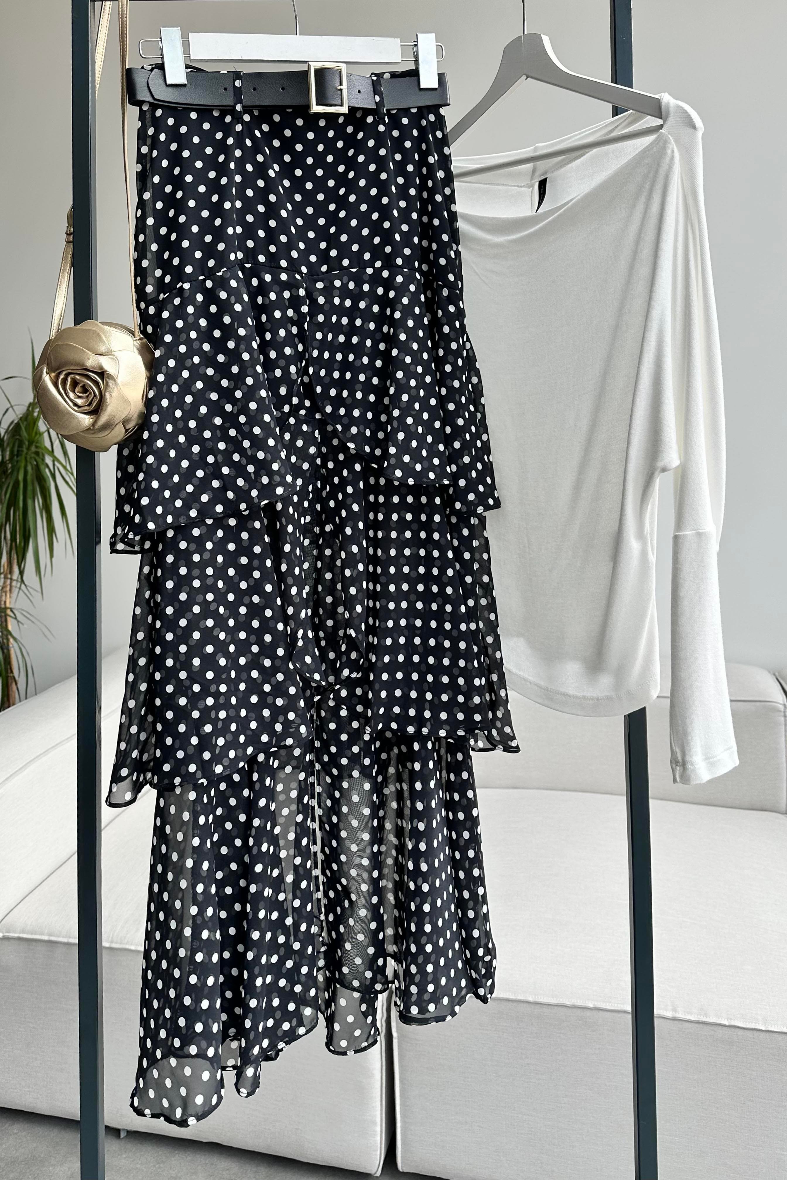 Lina Polka Dot Katlı Şifon Etek Siyah