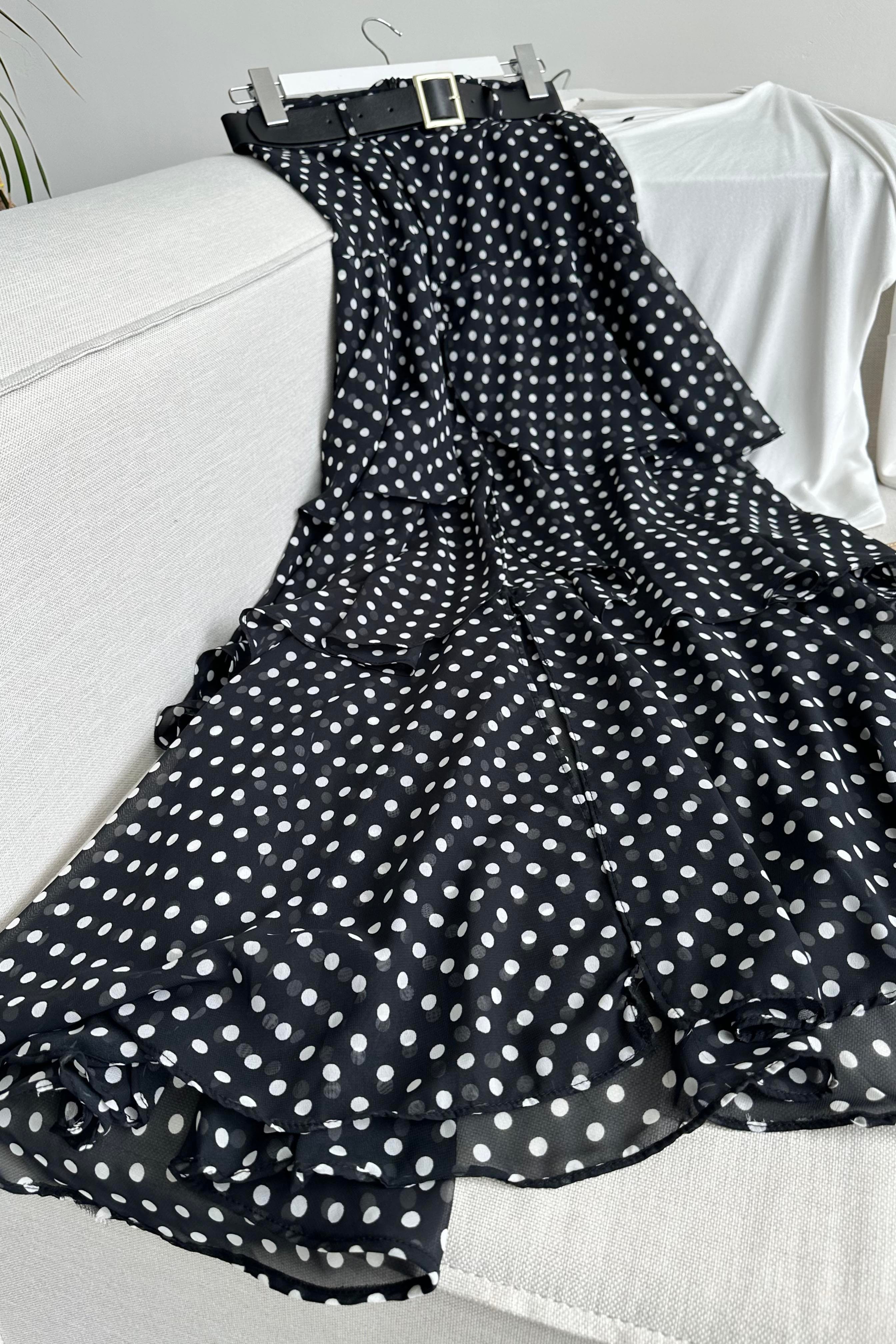 Lina Polka Dot Katlı Şifon Etek Siyah