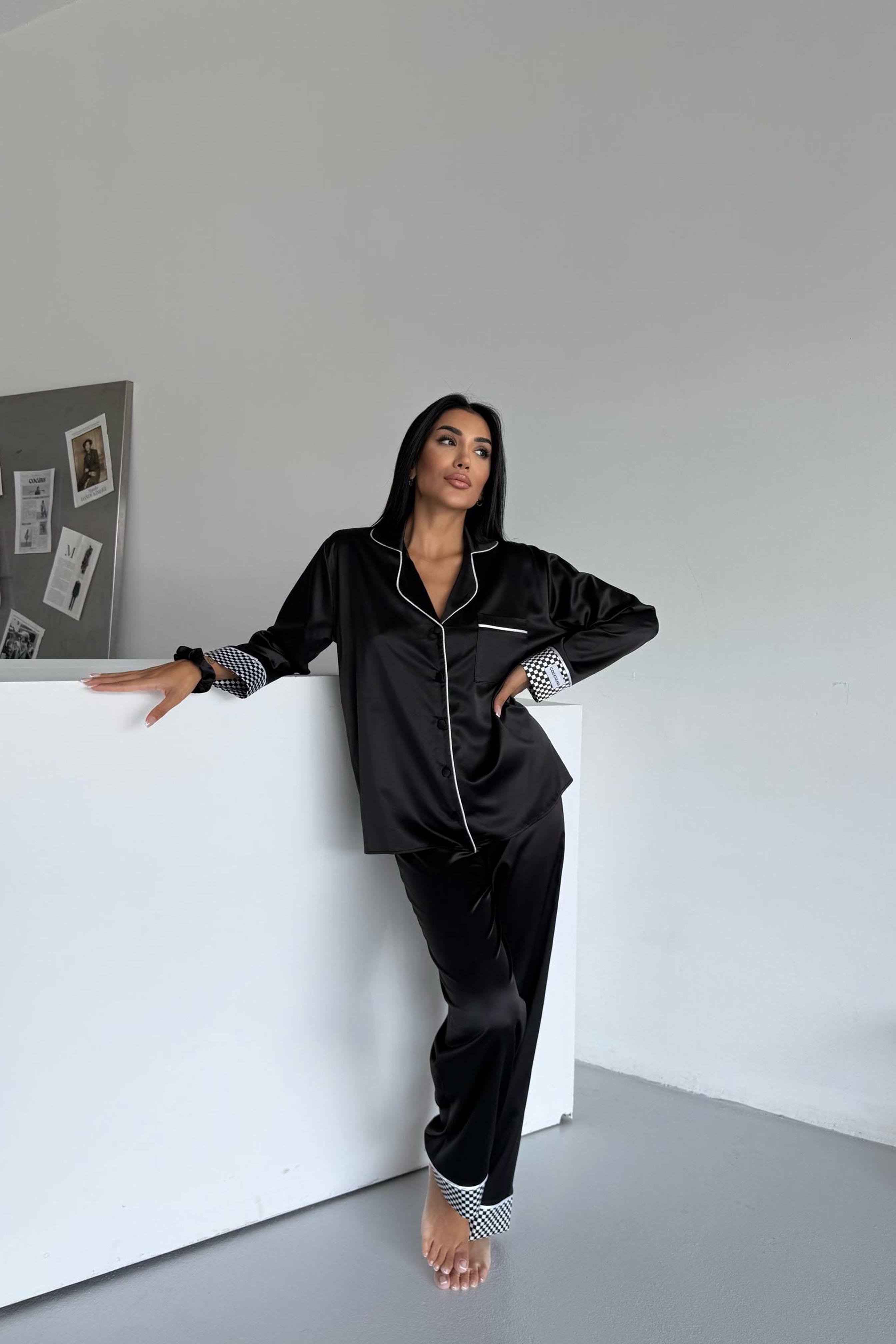 Liscio e Quadri Saten Uzun Pijama Takımı Siyah