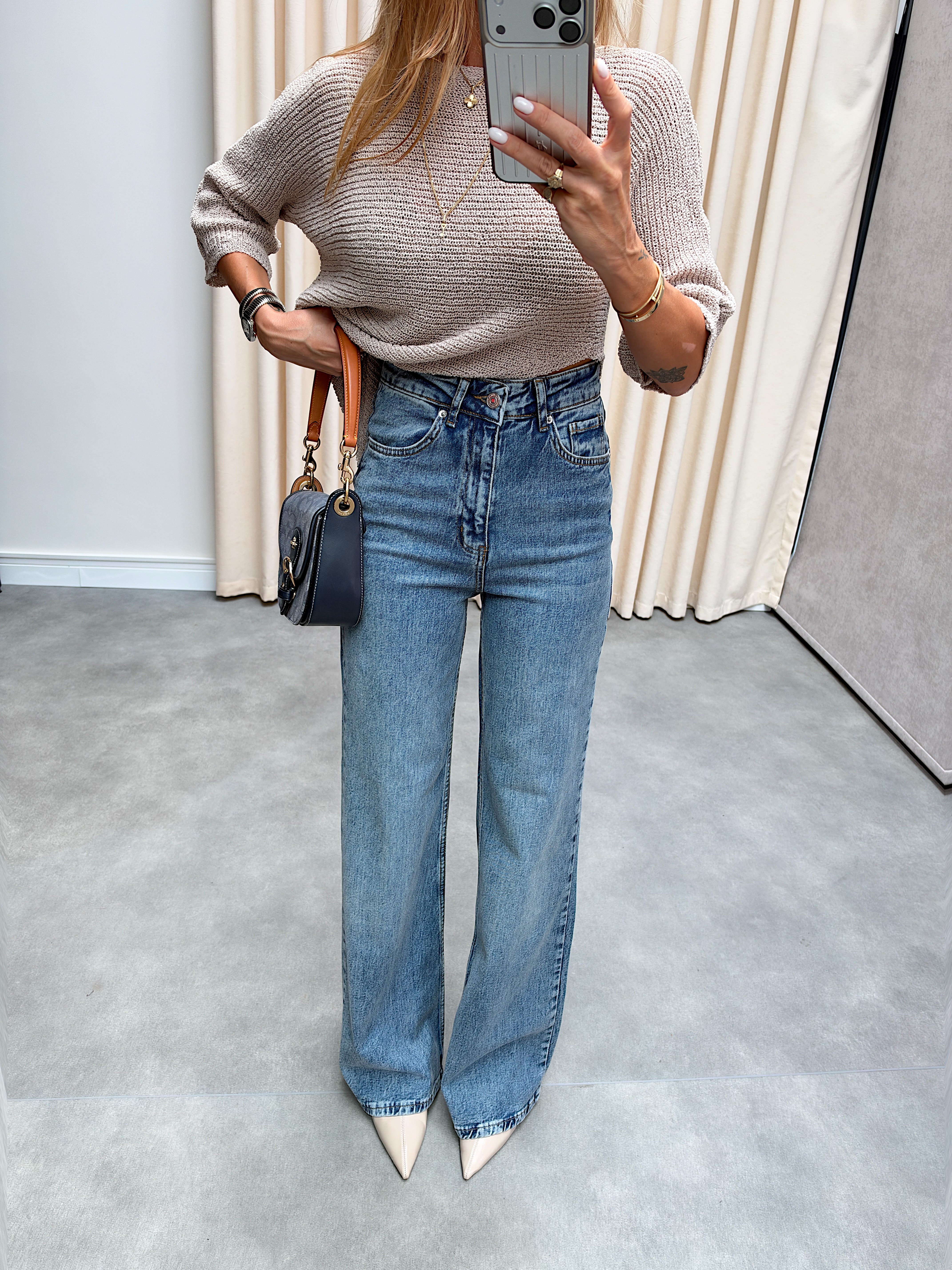 Lossi Bol Kesim Orta Mavi Wide Leg Jean