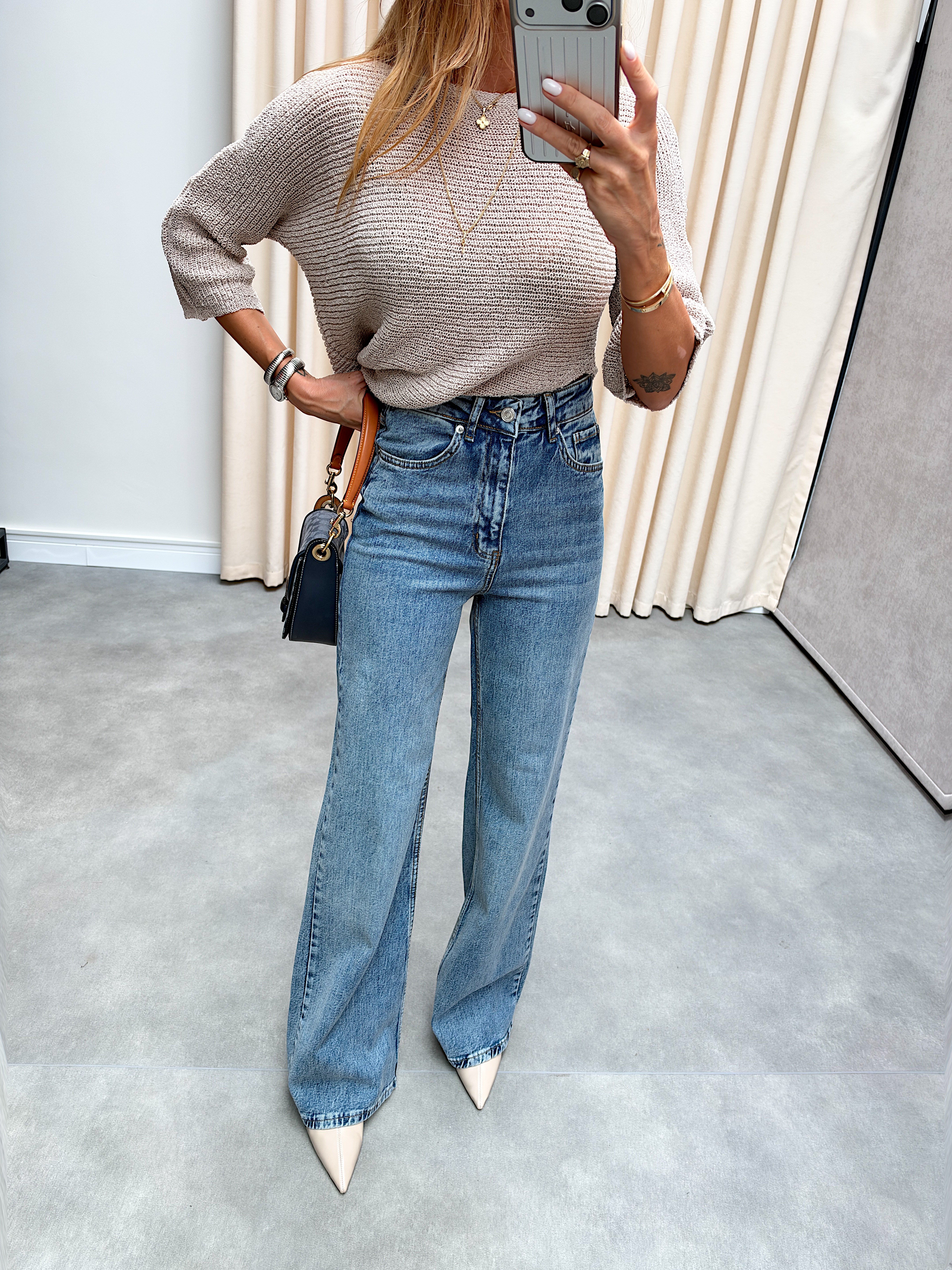 Lossi Bol Kesim Orta Mavi Wide Leg Jean