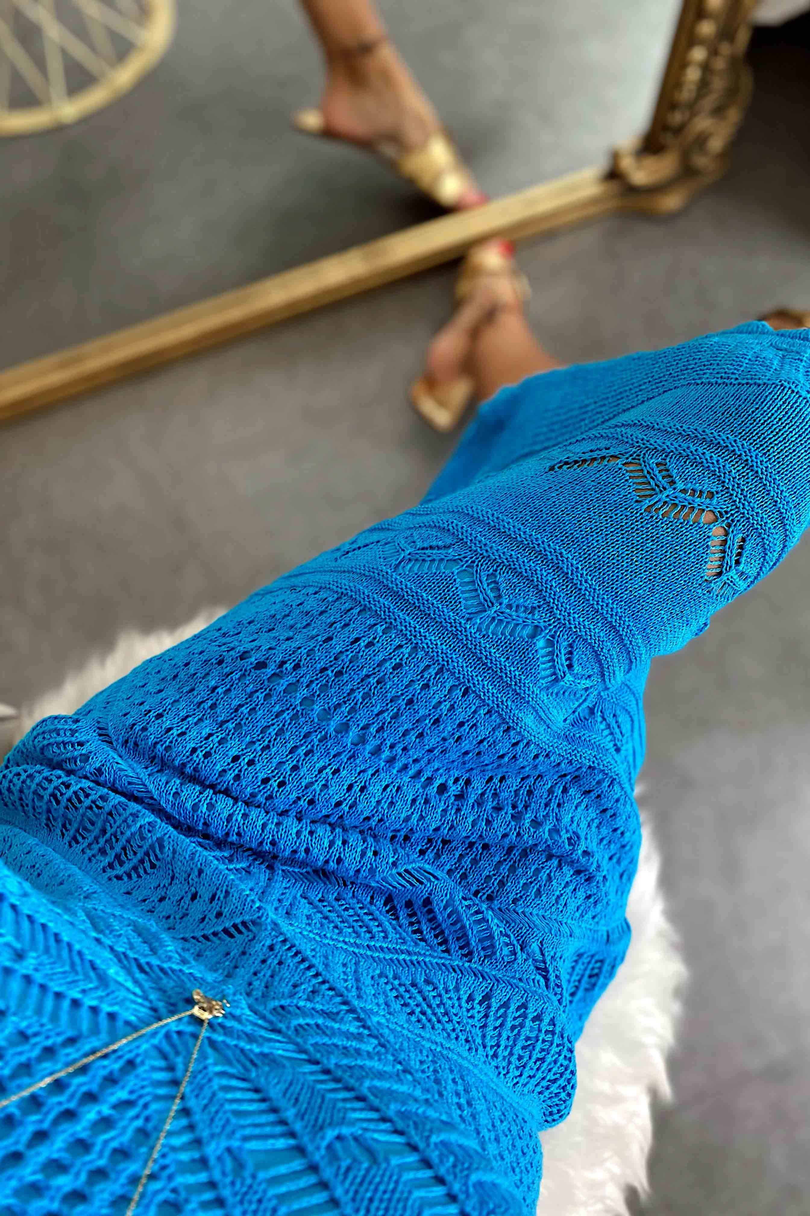 Lüks Kalite Ajurlu Tasarım Örme Elbise Turkuaz