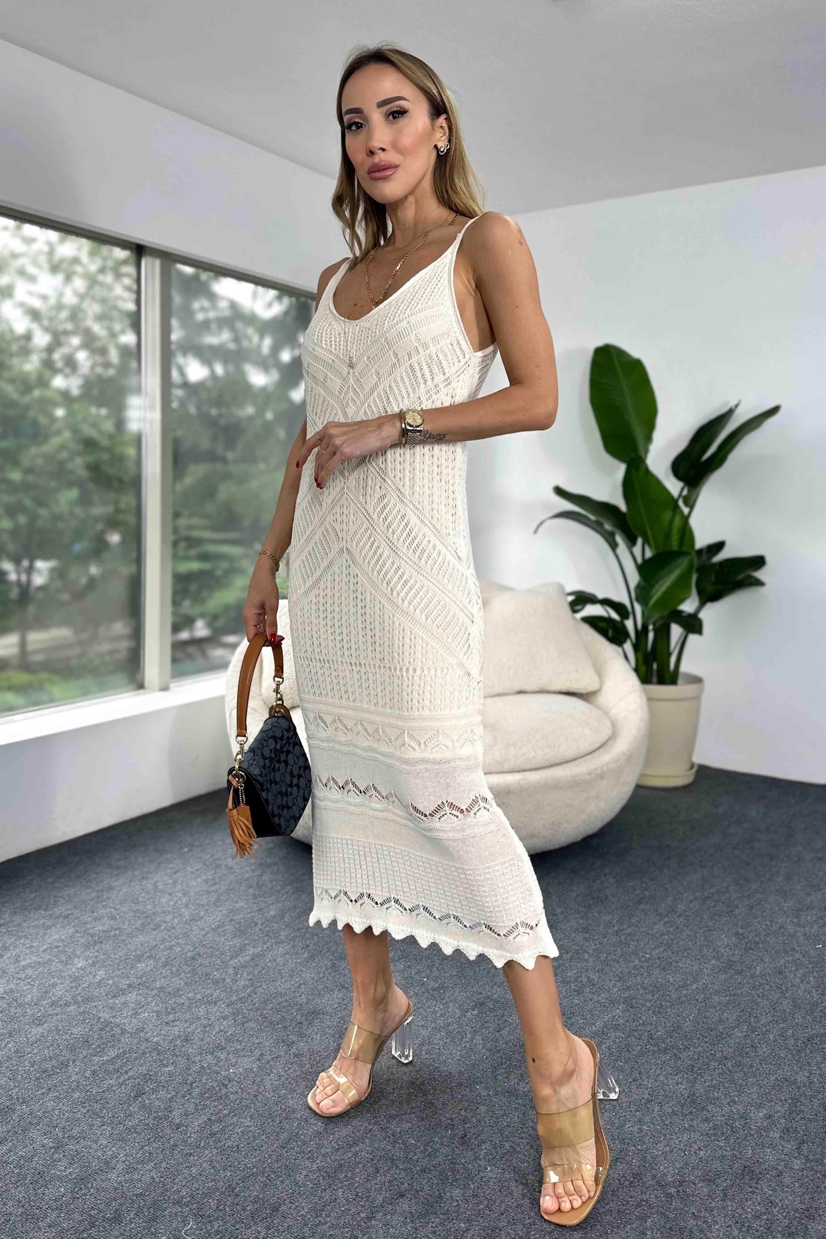 Lüks Kalite Ajurlu Tasarım Örme Elbise Ekru