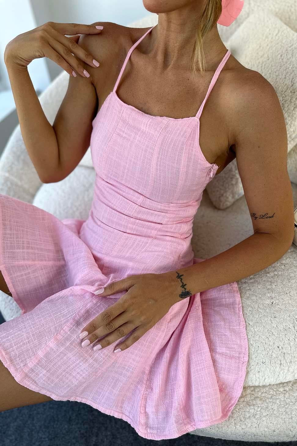 Lüks Kalite Ayarlanabilir Askılı Pamuklu Mini Elbise Pembe