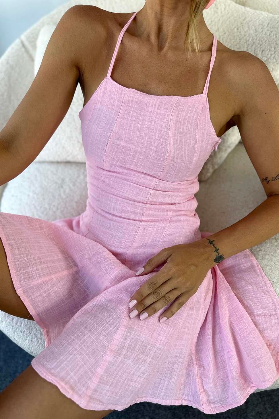 Lüks Kalite Ayarlanabilir Askılı Pamuklu Mini Elbise Pembe