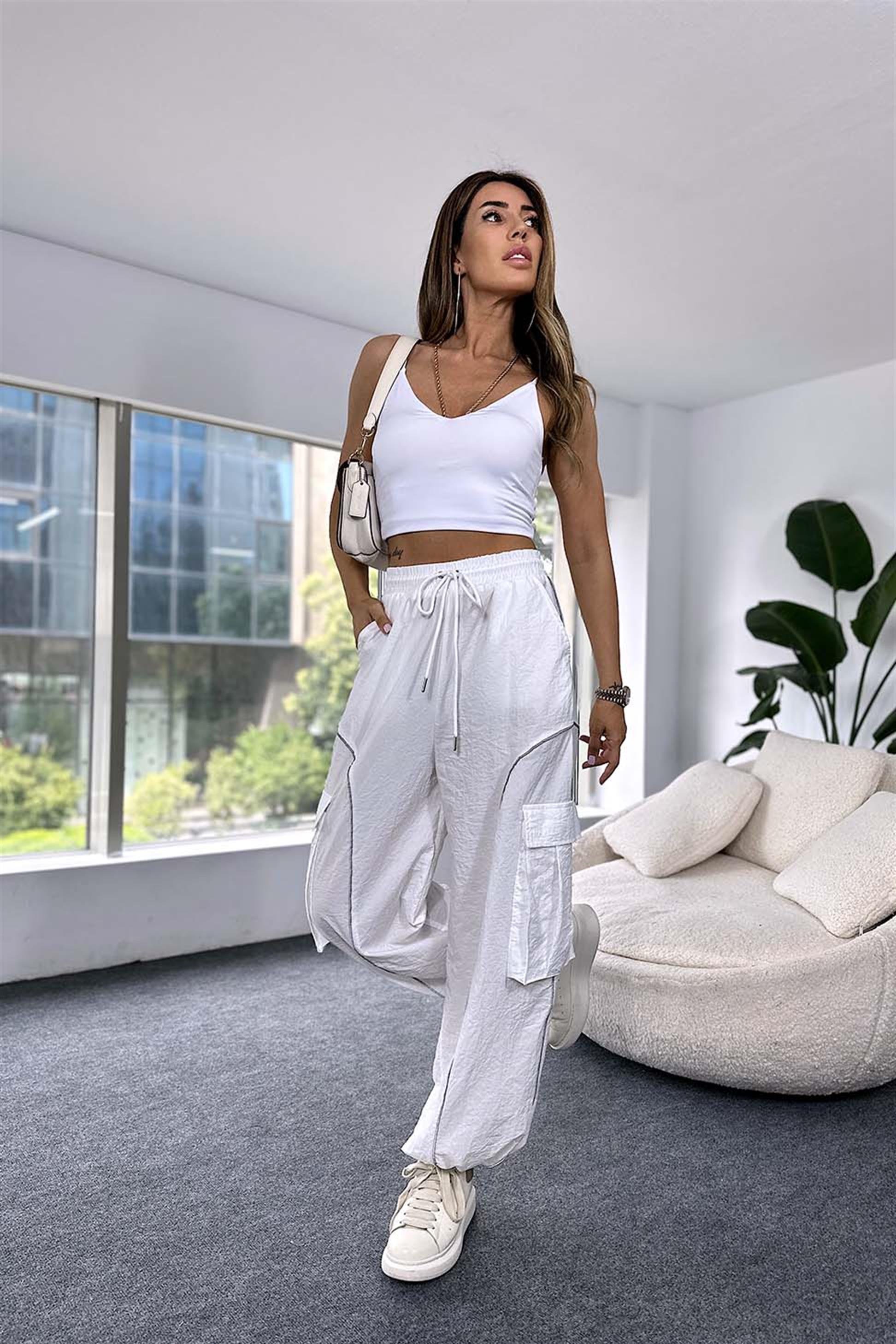 Lüks Kalite Beli İp Bağlamalı Biyeli Kargo Cep Kadın Pantalon Beyaz