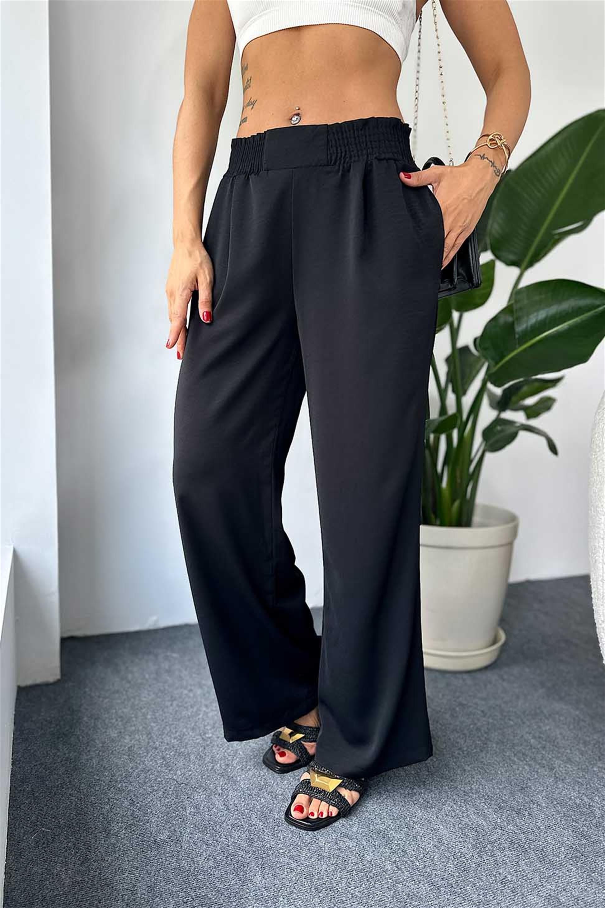 Lüks Kalite Beli Lastikli Cep Detaylı Salaş Pantalon Siyah