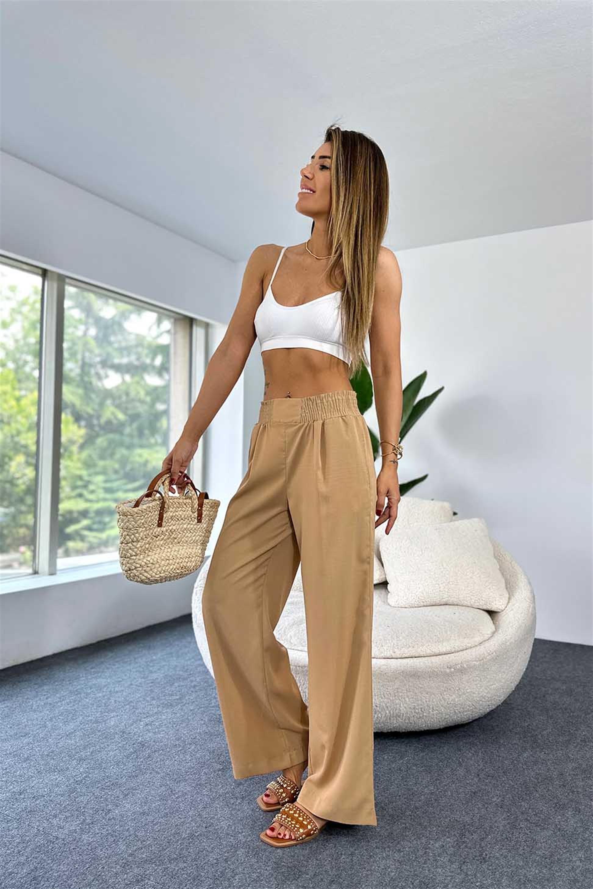 Lüks Kalite Beli Lastikli Cep Detaylı Salaş Pantalon Camel