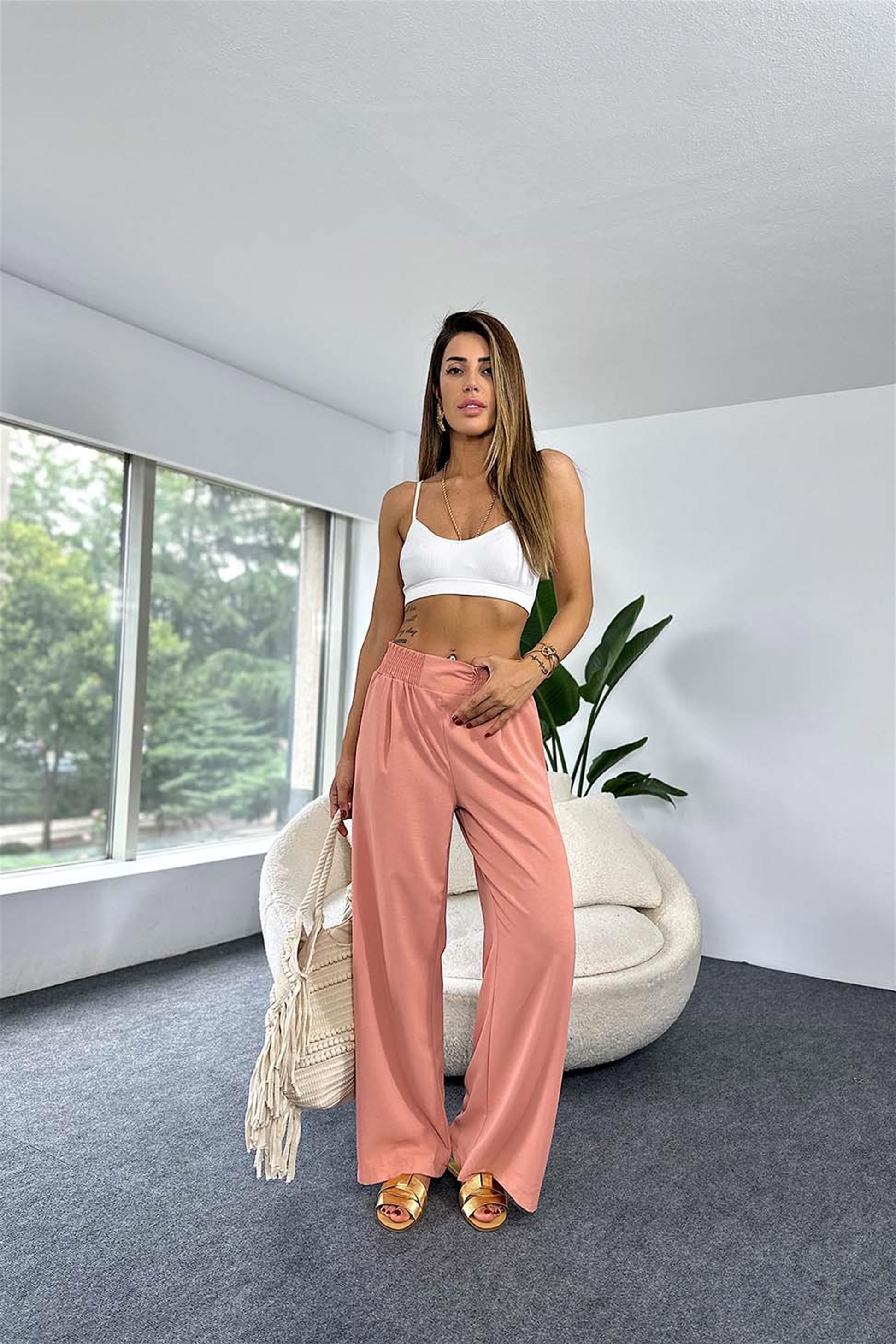Lüks Kalite Beli Lastikli Cep Detaylı Salaş Pantalon Somon
