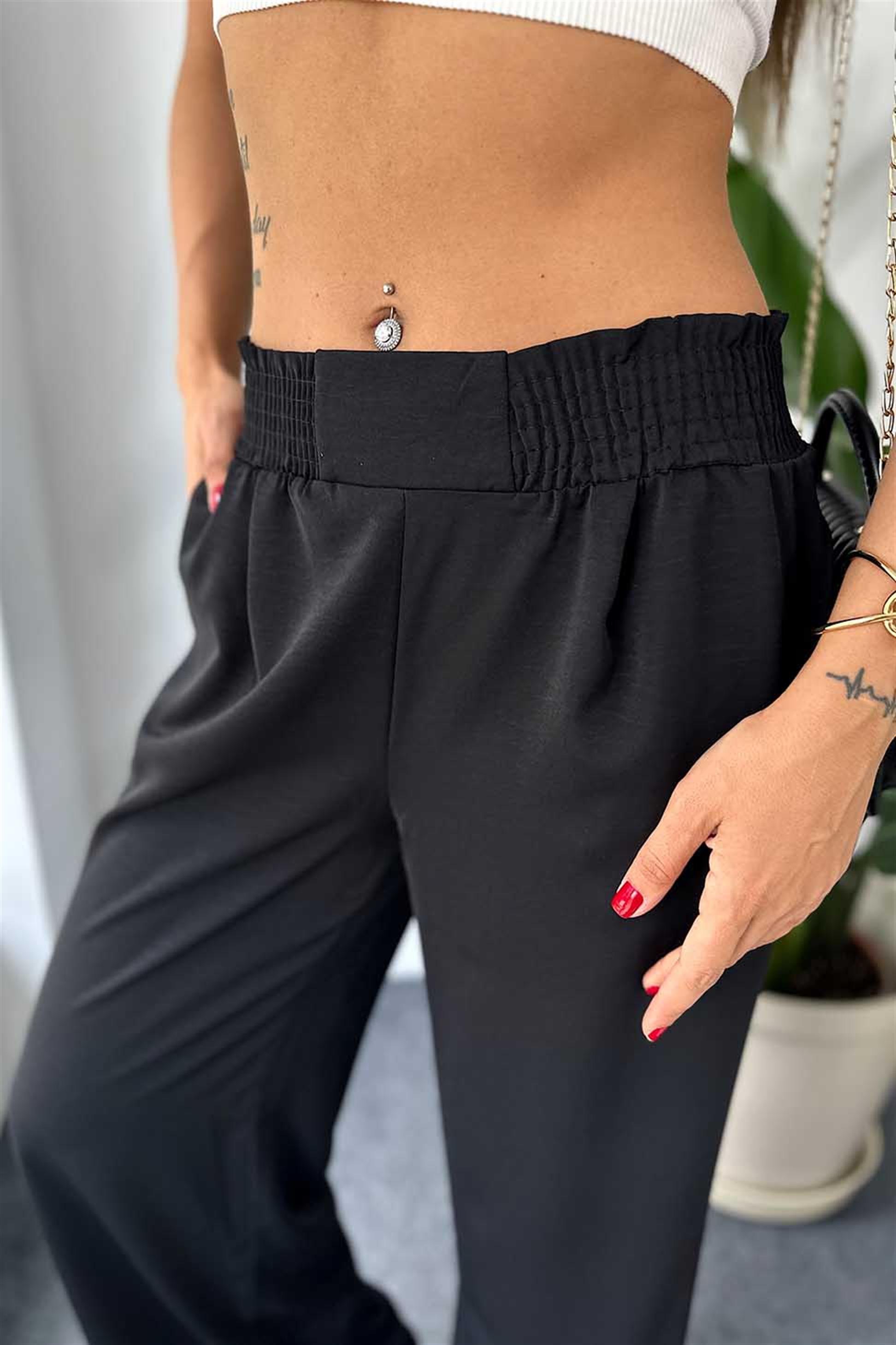 Lüks Kalite Beli Lastikli Cep Detaylı Salaş Pantalon Siyah