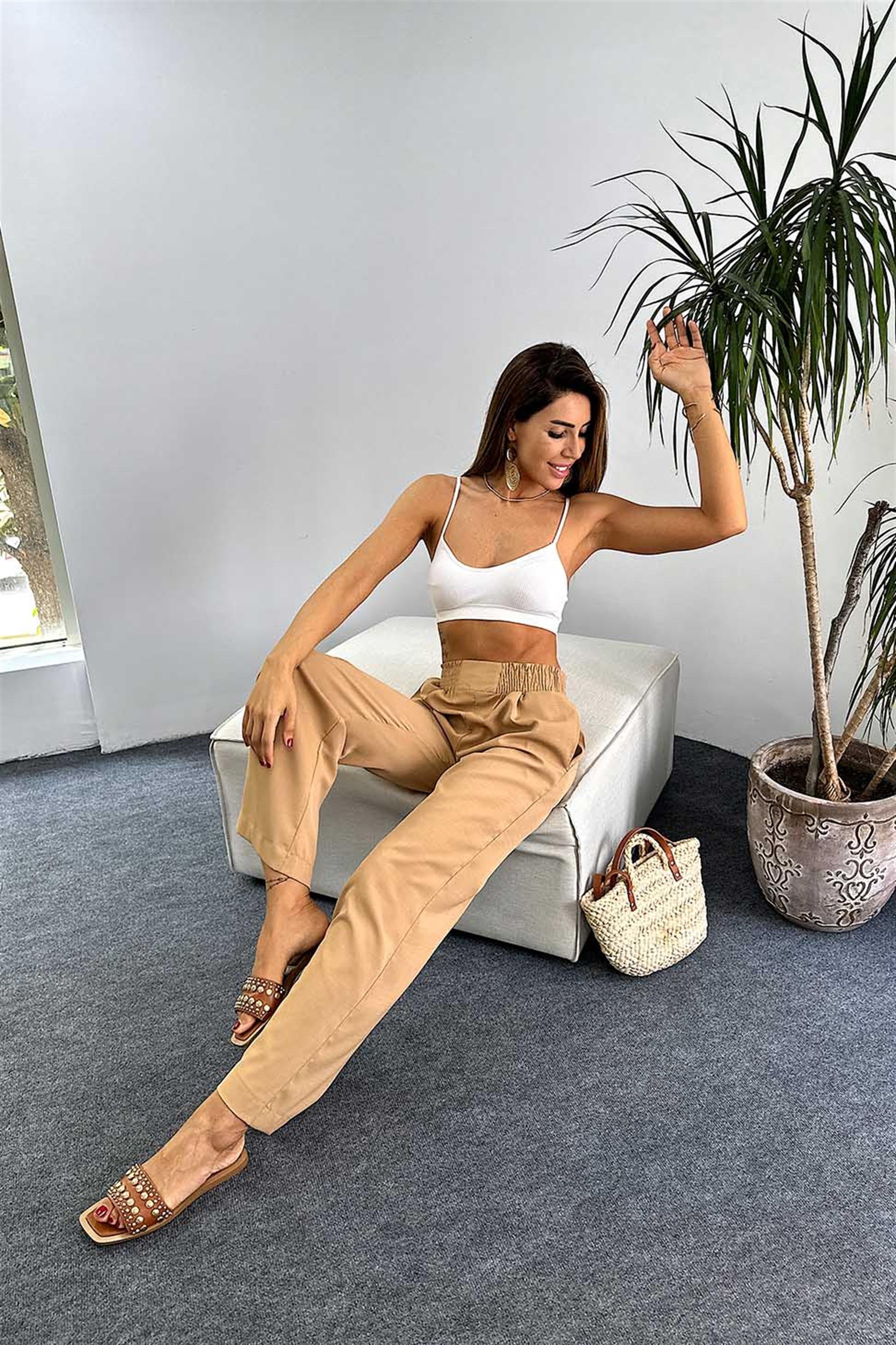 Lüks Kalite Beli Lastikli Cep Detaylı Salaş Pantalon Camel
