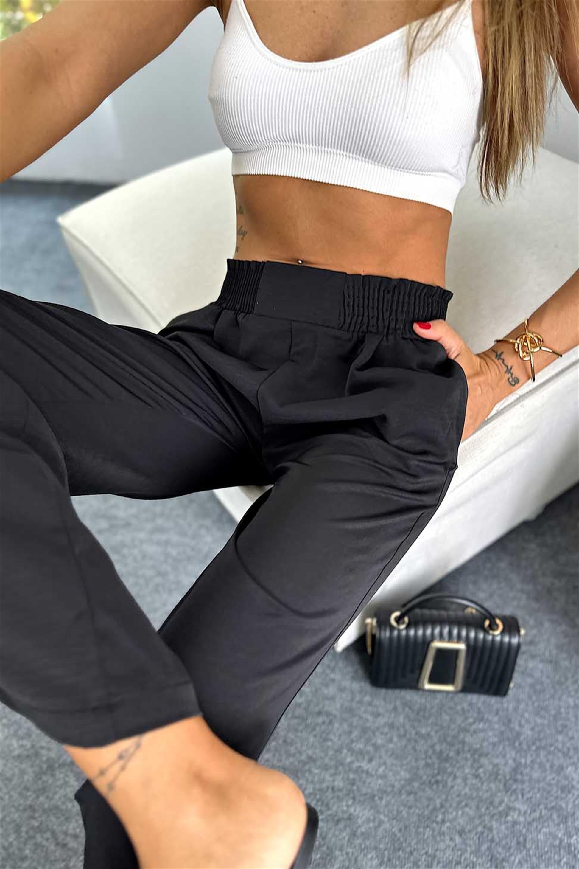 Lüks Kalite Beli Lastikli Cep Detaylı Salaş Pantalon Siyah