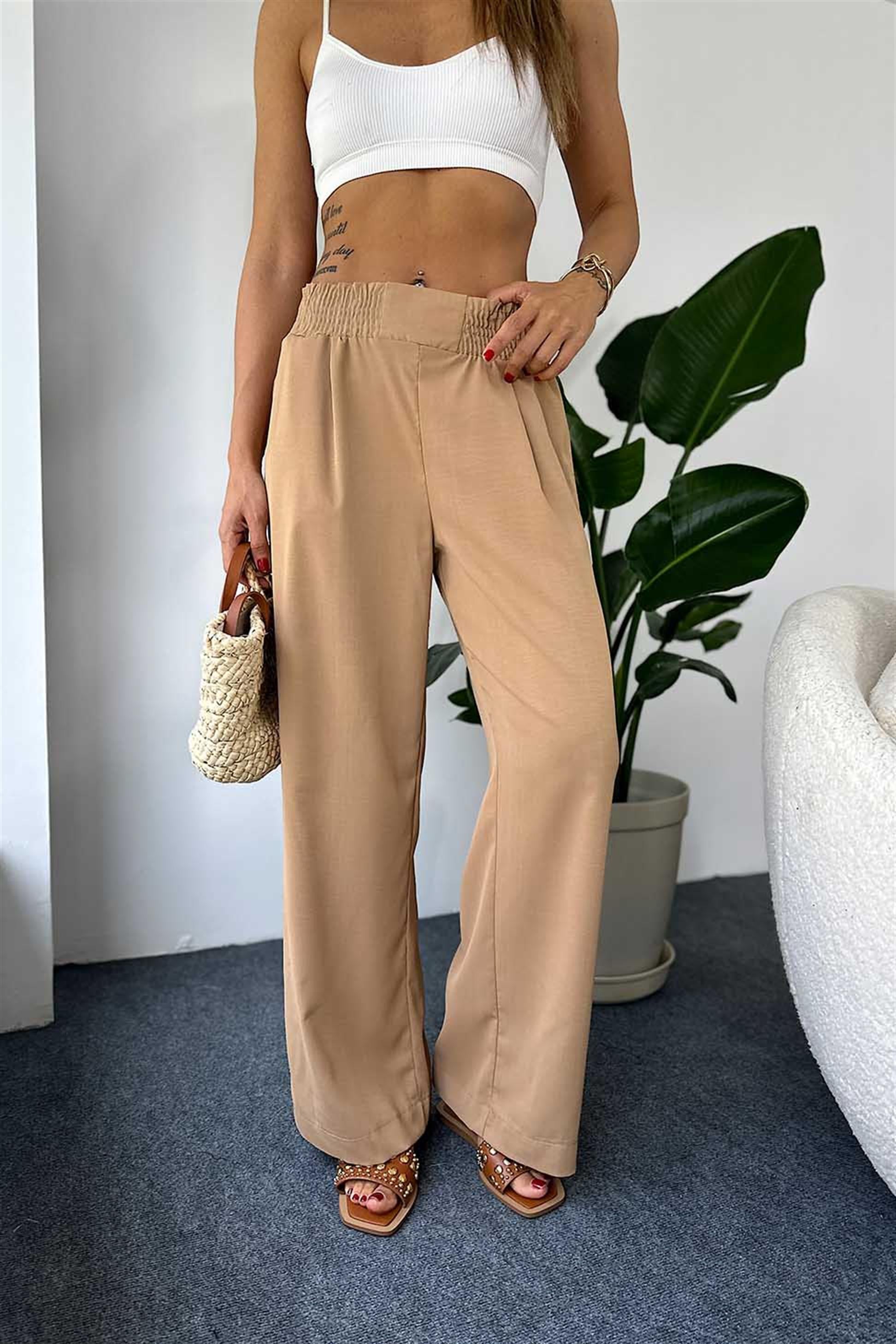Lüks Kalite Beli Lastikli Cep Detaylı Salaş Pantalon Camel