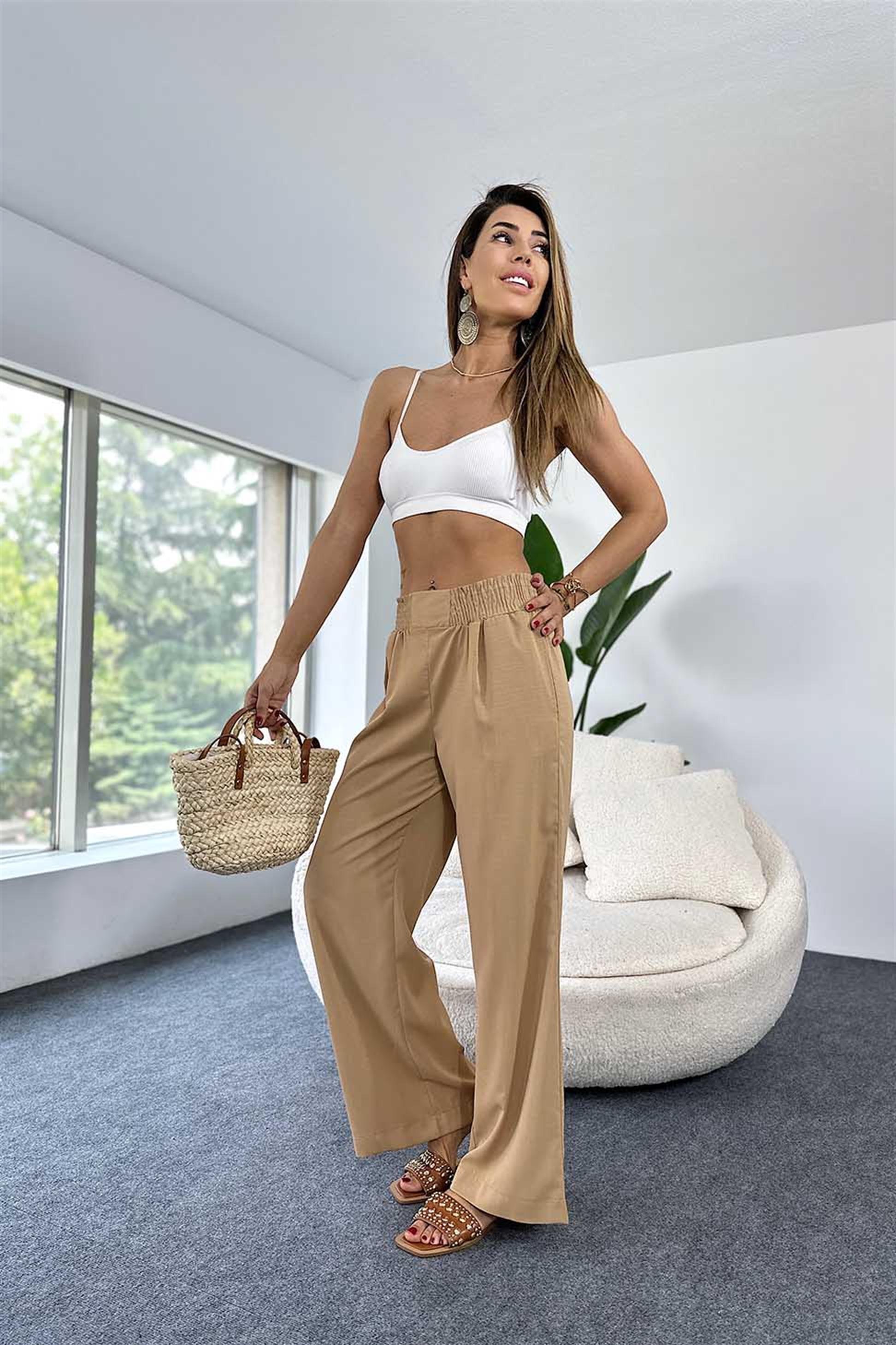 Lüks Kalite Beli Lastikli Cep Detaylı Salaş Pantalon Camel