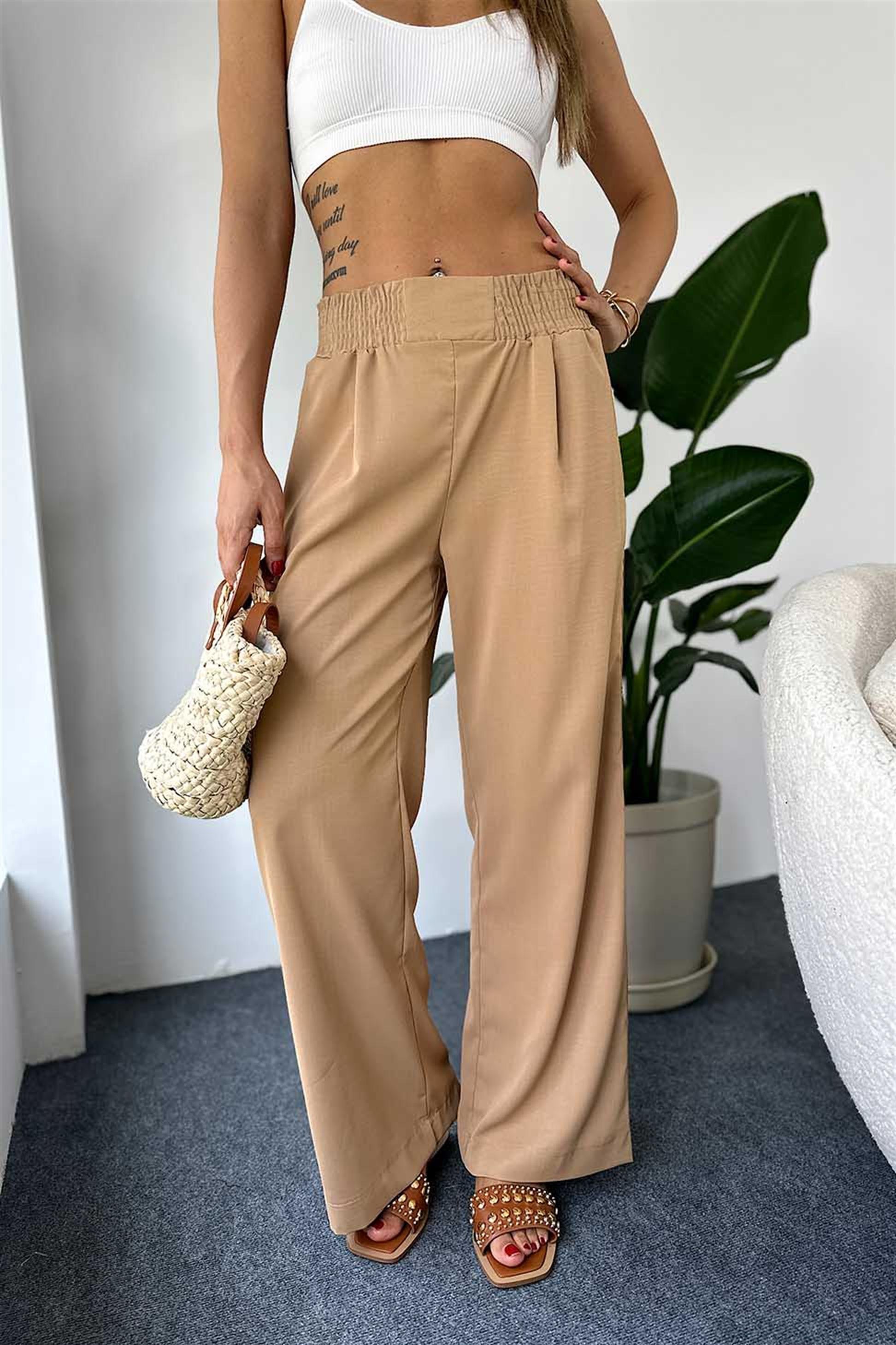 Lüks Kalite Beli Lastikli Cep Detaylı Salaş Pantalon Camel