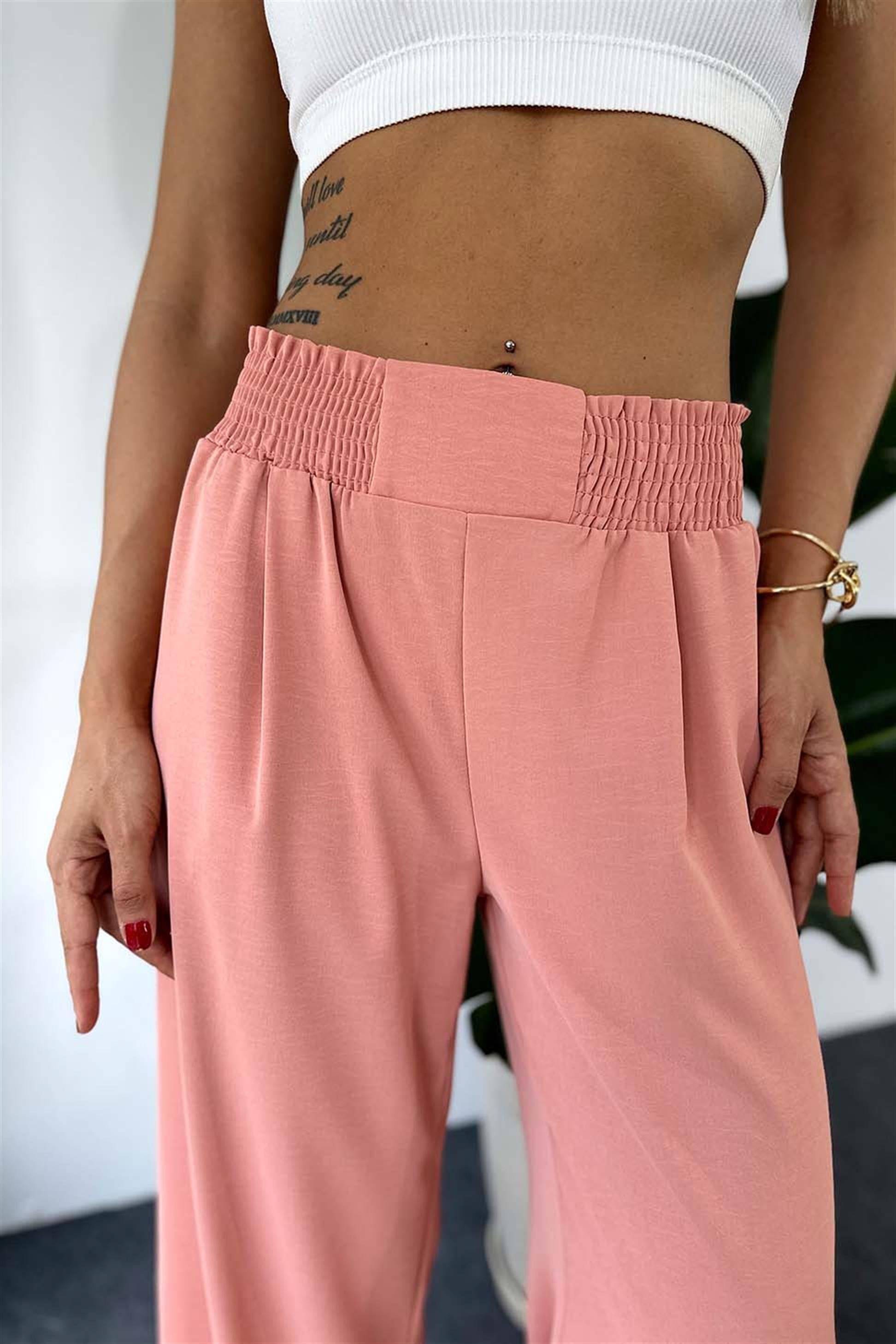 Lüks Kalite Beli Lastikli Cep Detaylı Salaş Pantalon Somon