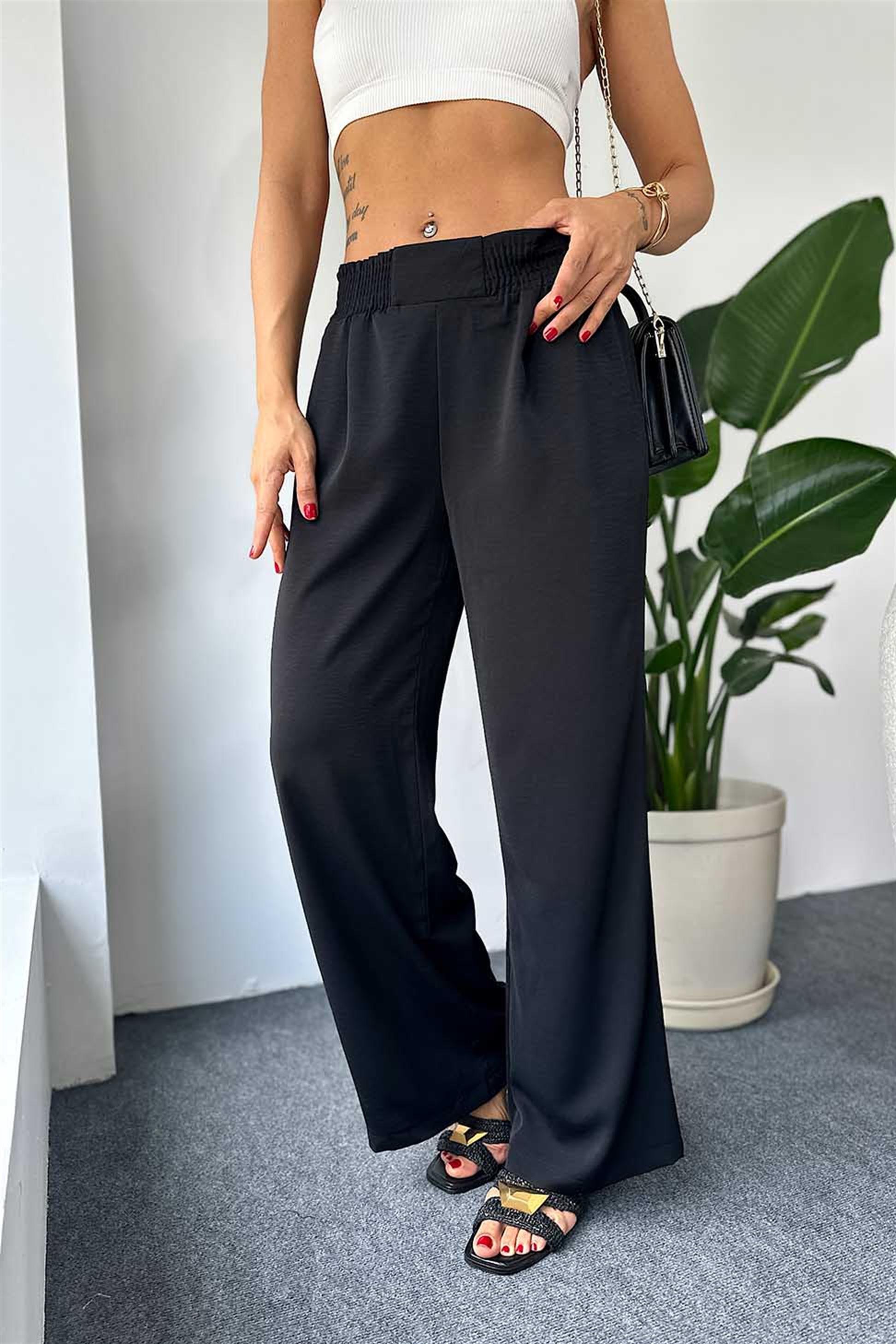 Lüks Kalite Beli Lastikli Cep Detaylı Salaş Pantalon Siyah