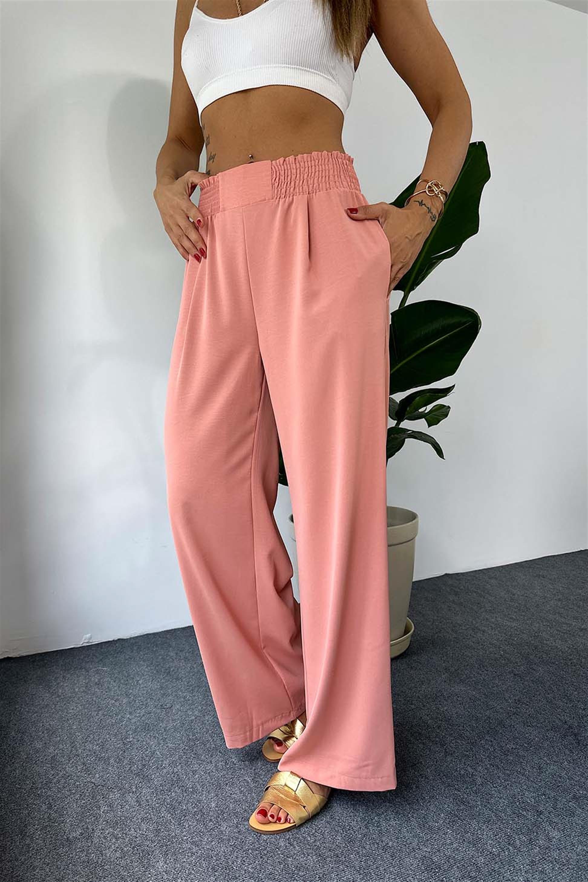 Lüks Kalite Beli Lastikli Cep Detaylı Salaş Pantalon Somon