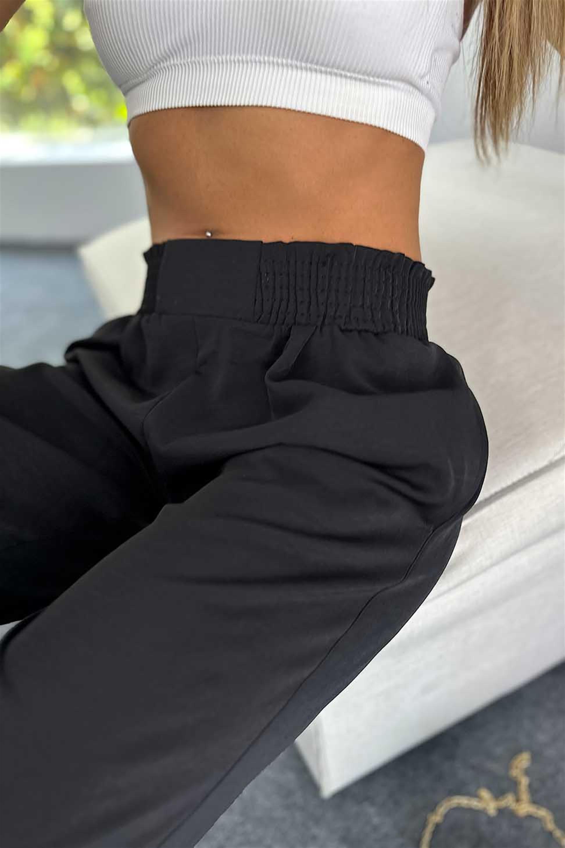 Lüks Kalite Beli Lastikli Cep Detaylı Salaş Pantalon Siyah