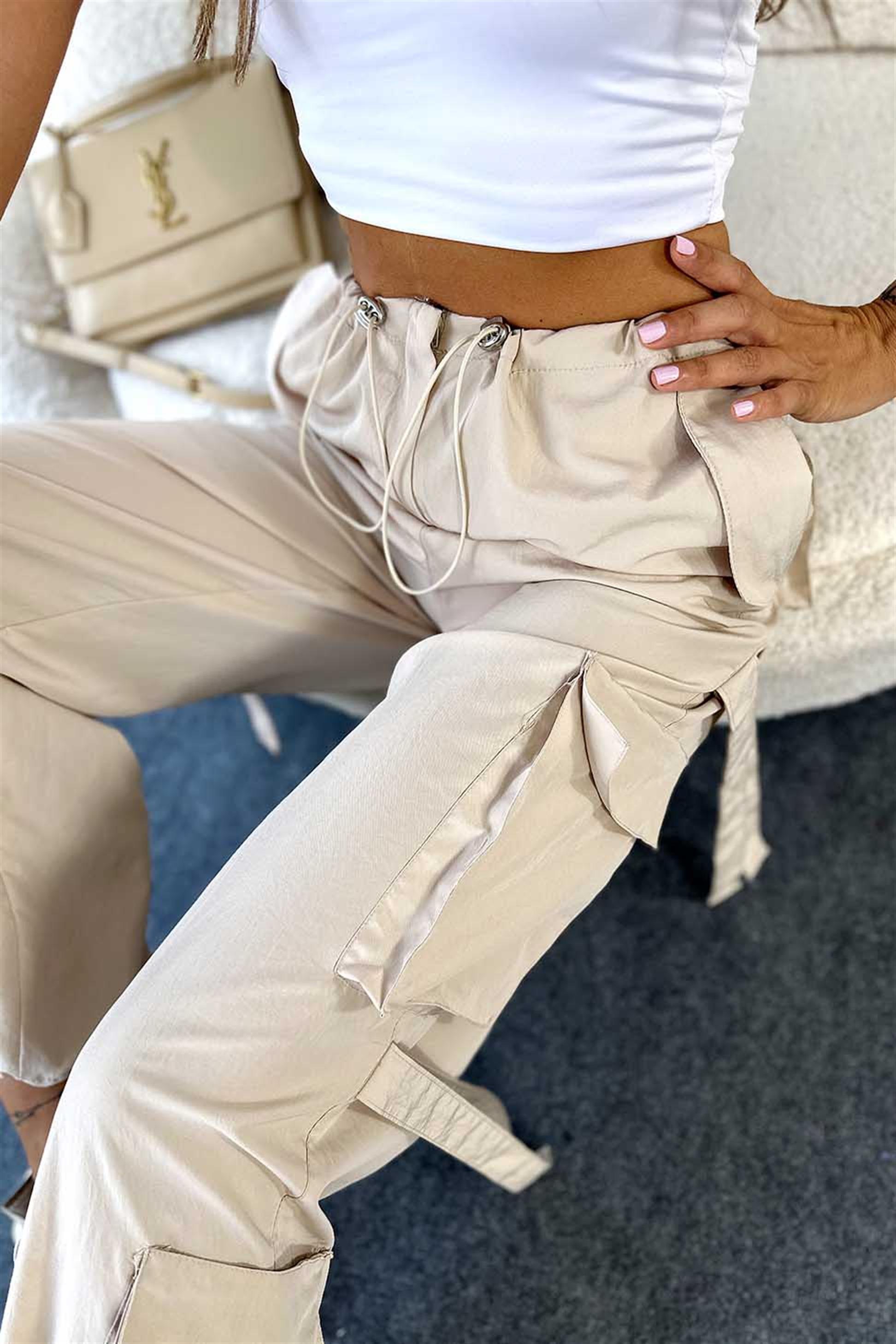 Lüks Kalite Beli ve Paçası Lastikli Cep Detay Kadın Pantalon Taş