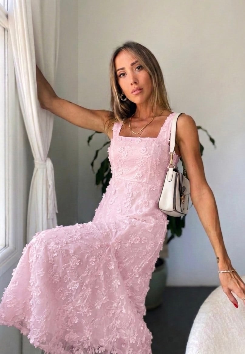 Lüks Kalite Brode Çiçek Desenli Astarlı Elbise Pembe