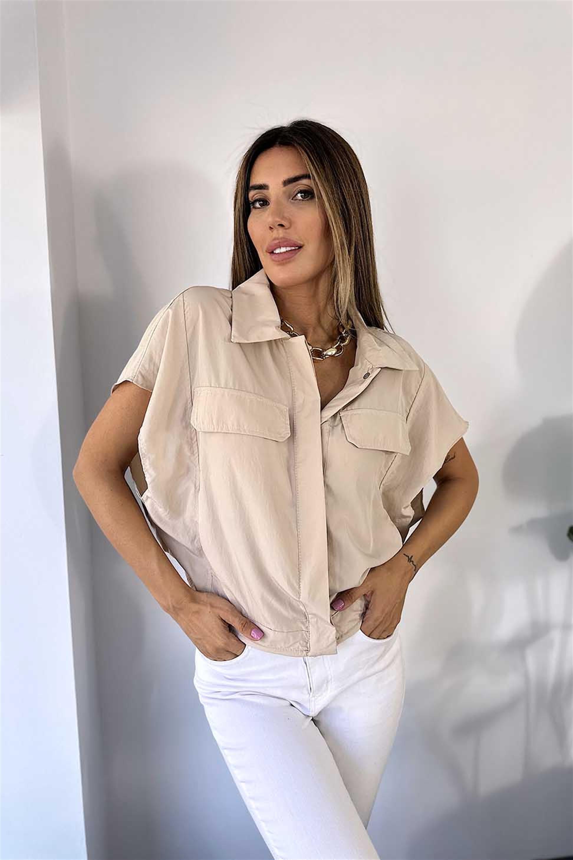 Lüks Kalite Çıt Çıtlı Cep Detaylı Kadın Gömlek Taş