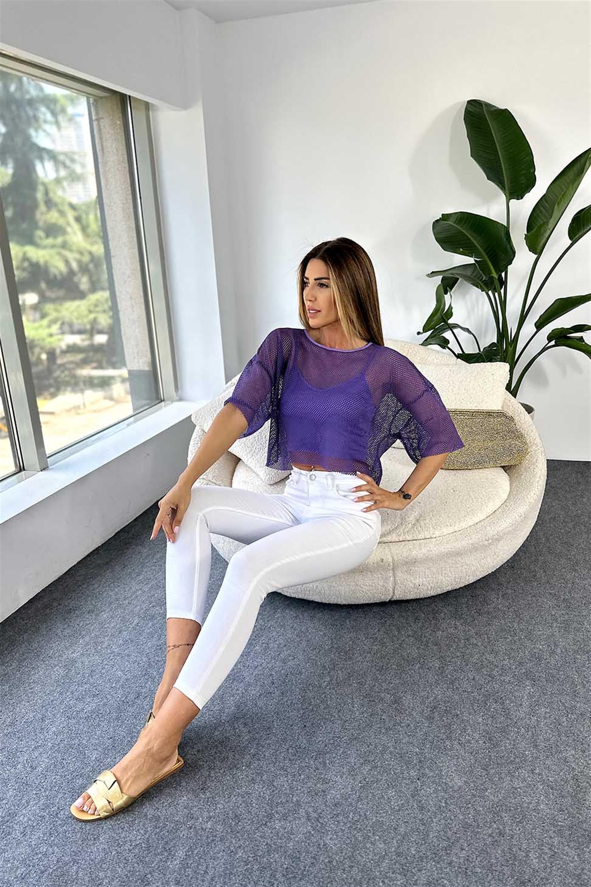 Lüks Kalite File Detay İç Astarlı Bluz Mor
