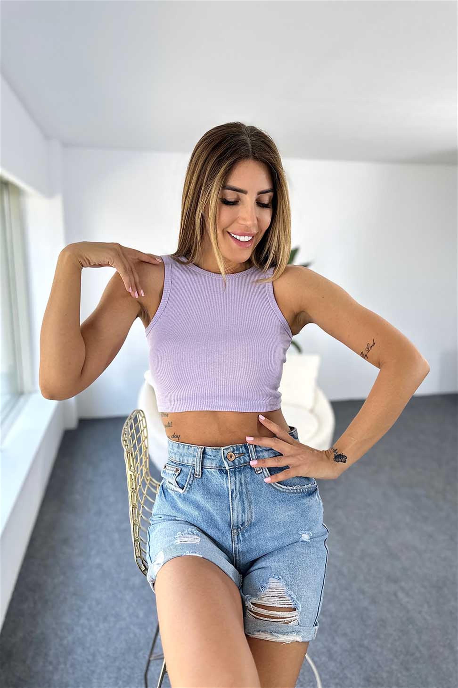 Lüks Kalite Fitilli Halter Yaka Crop Lila