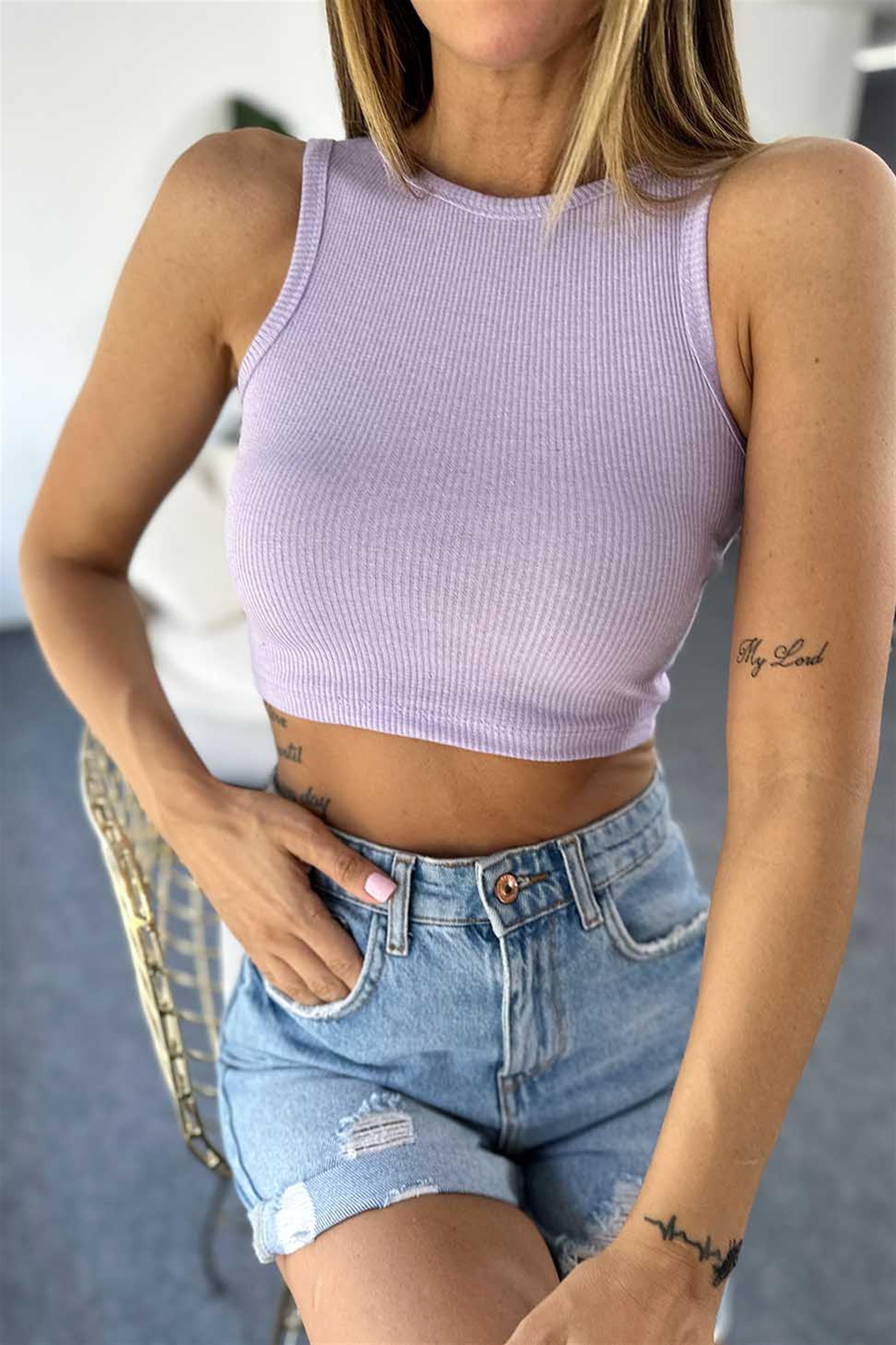 Lüks Kalite Fitilli Halter Yaka Crop Lila