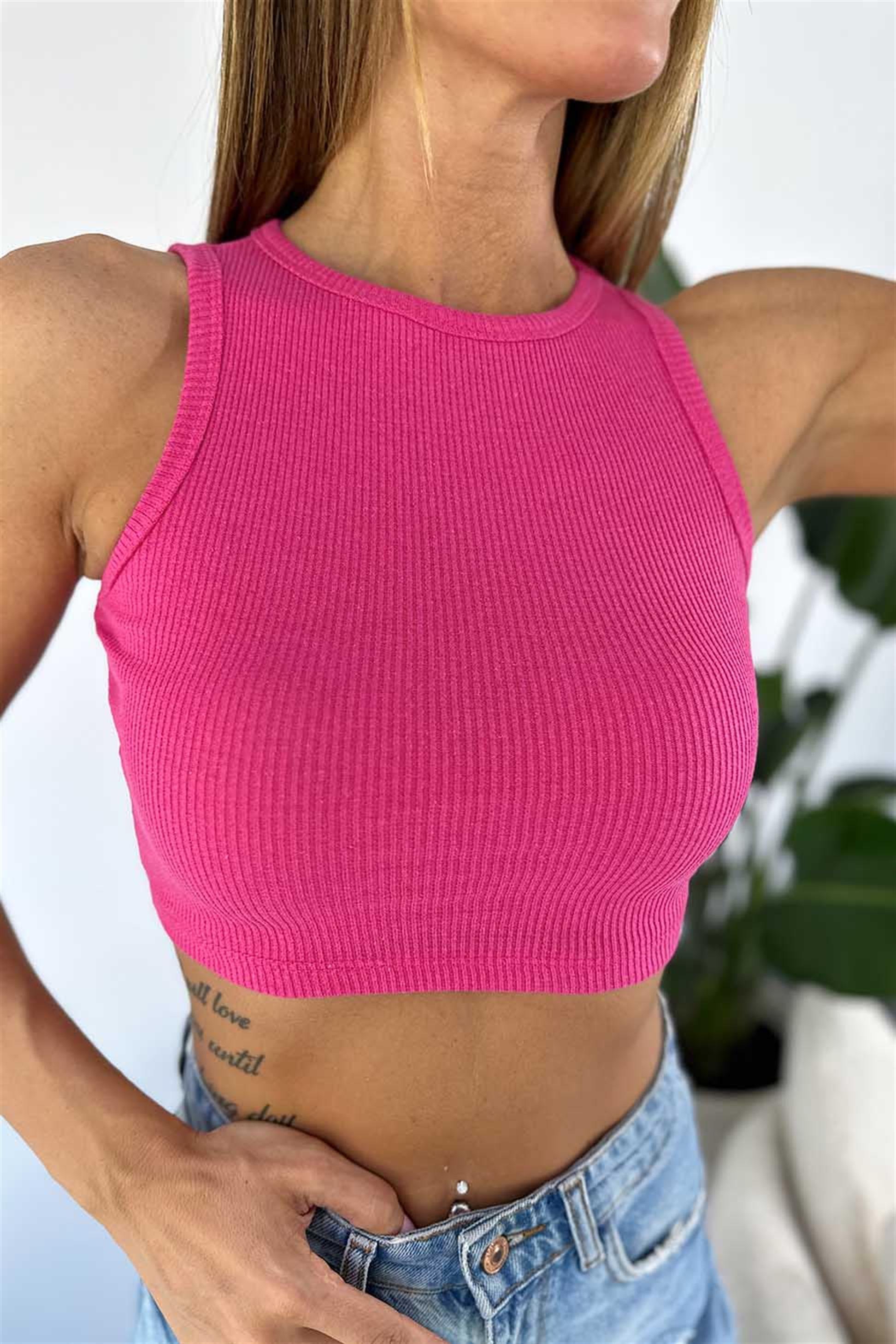 Lüks Kalite Fitilli Halter Yaka Crop Pembe