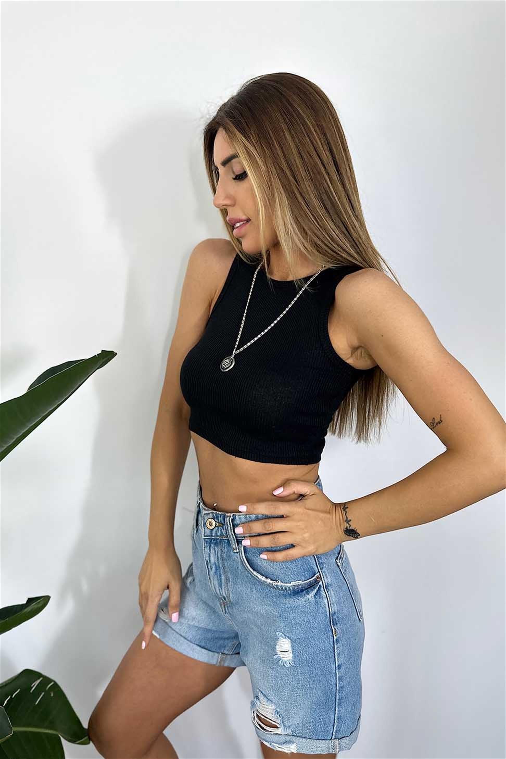 Lüks Kalite Fitilli Halter Yaka Crop Siyah
