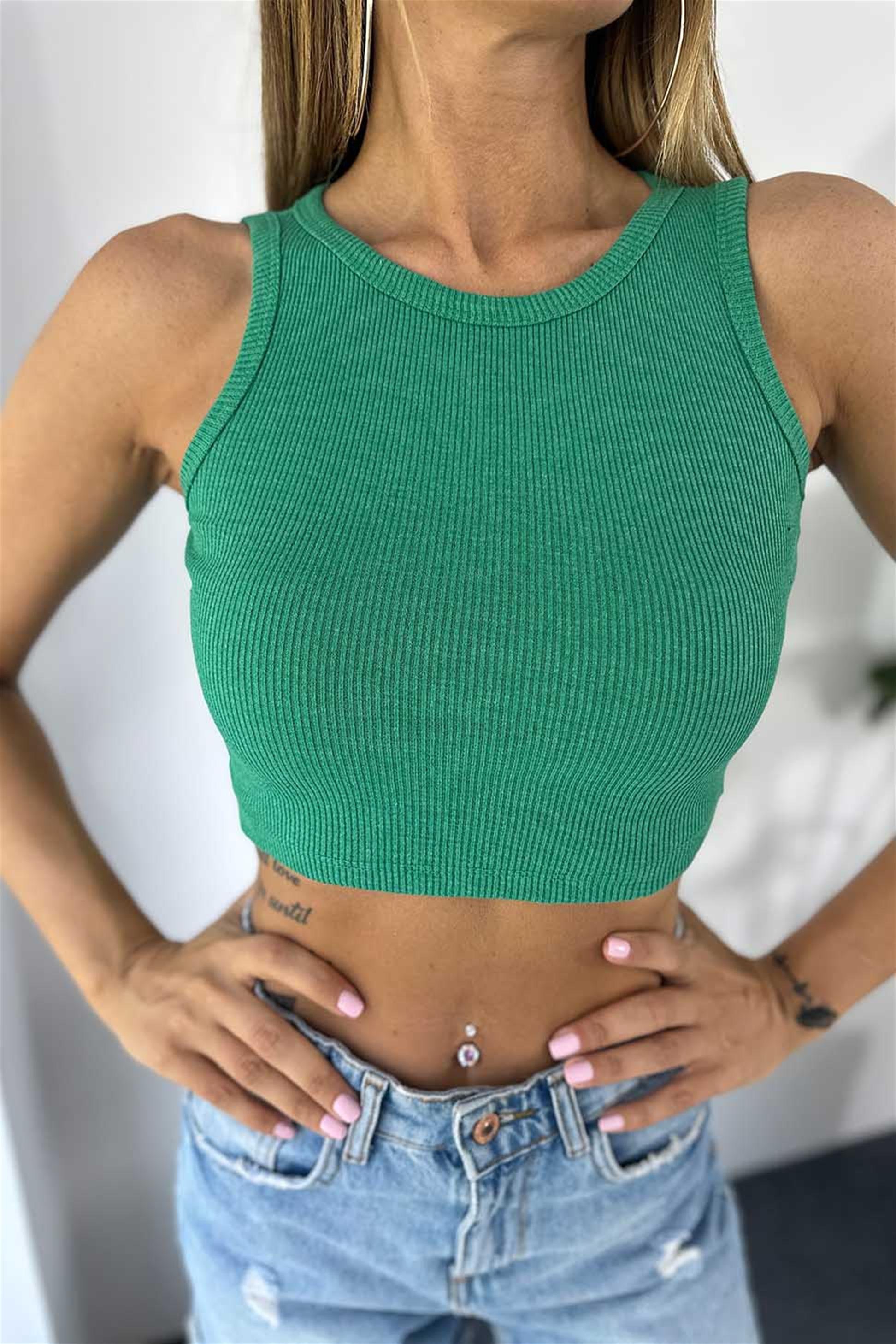 Lüks Kalite Fitilli Halter Yaka Crop Yeşil