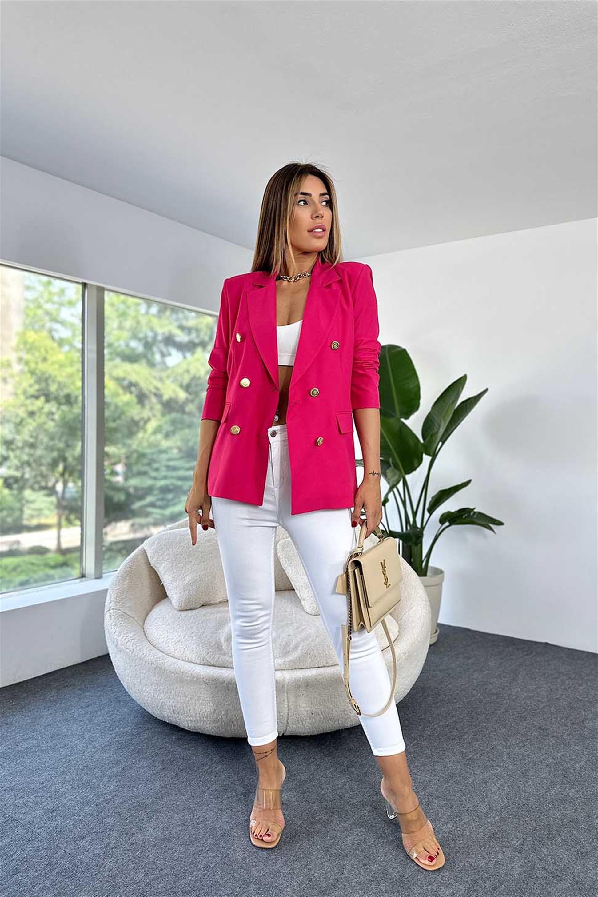 Lüks Kalite İnce Krep Kumaş Gold Düğmeli Yazlık Blazer Ceket FUŞYA