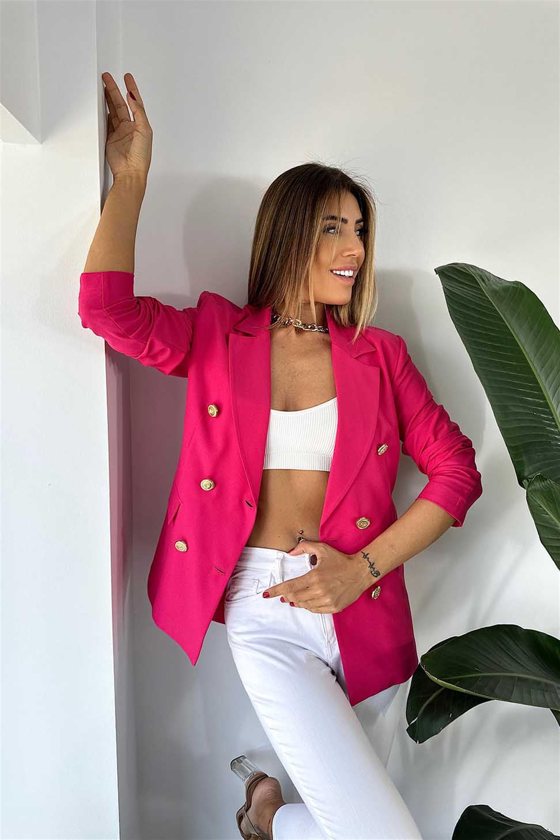 Lüks Kalite İnce Krep Kumaş Gold Düğmeli Yazlık Blazer Ceket FUŞYA