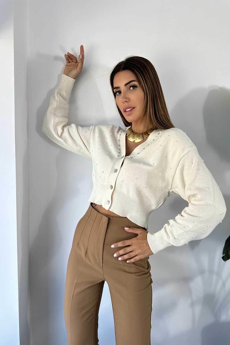 Lüks Kalite İncili Triko Kadın Hırka Ekru