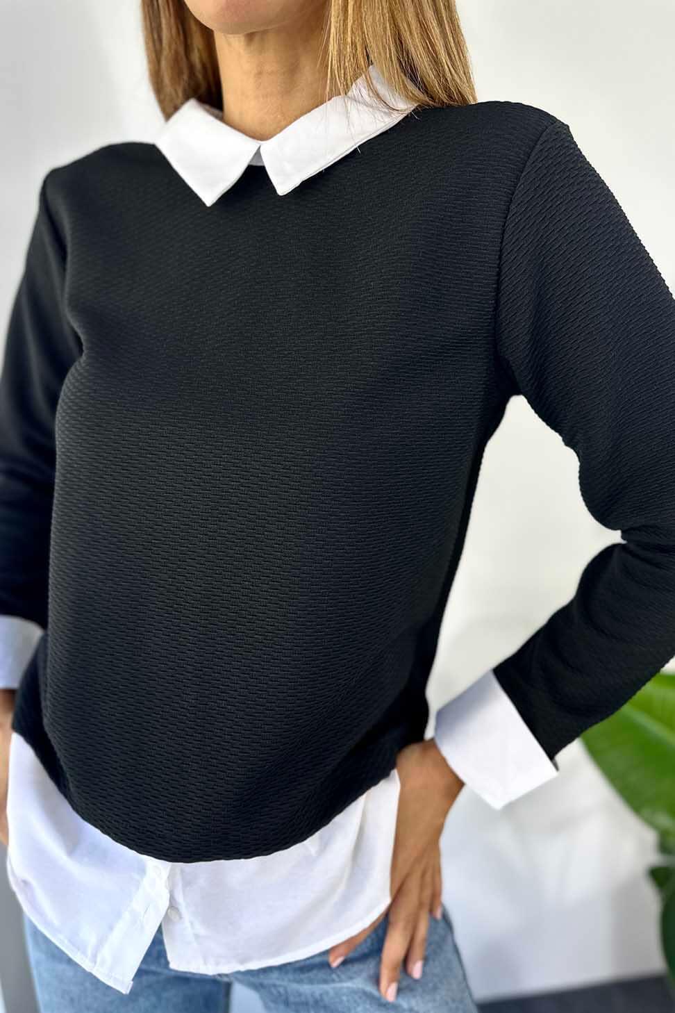 Lüks Kalite Kendinden Gömlek Tasarımlı Kadın Sweat Siyah