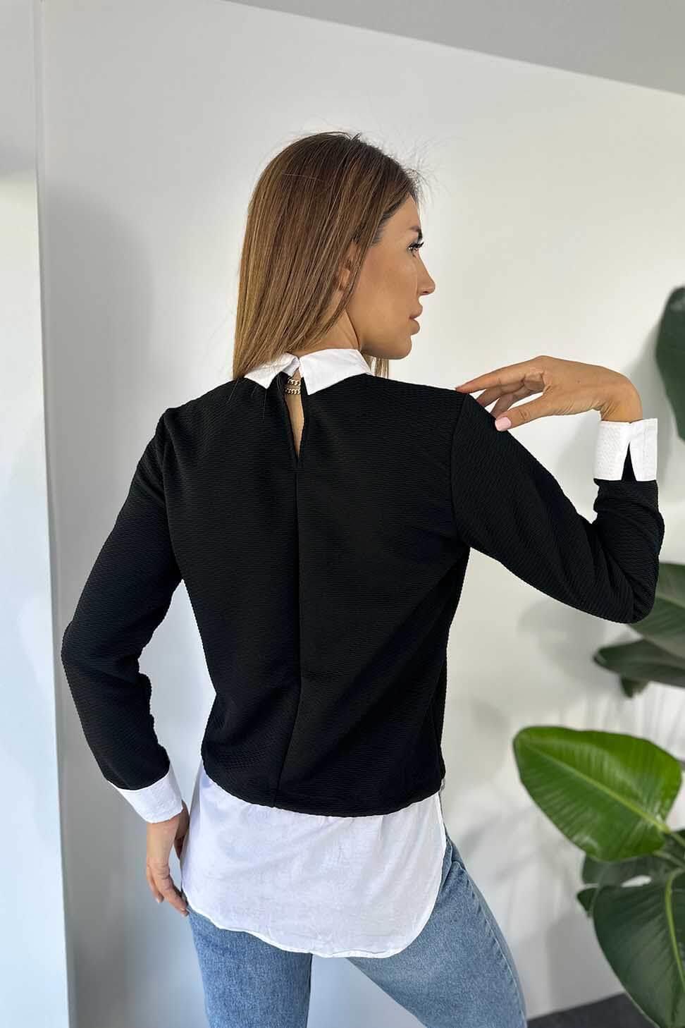 Lüks Kalite Kendinden Gömlek Tasarımlı Kadın Sweat Siyah