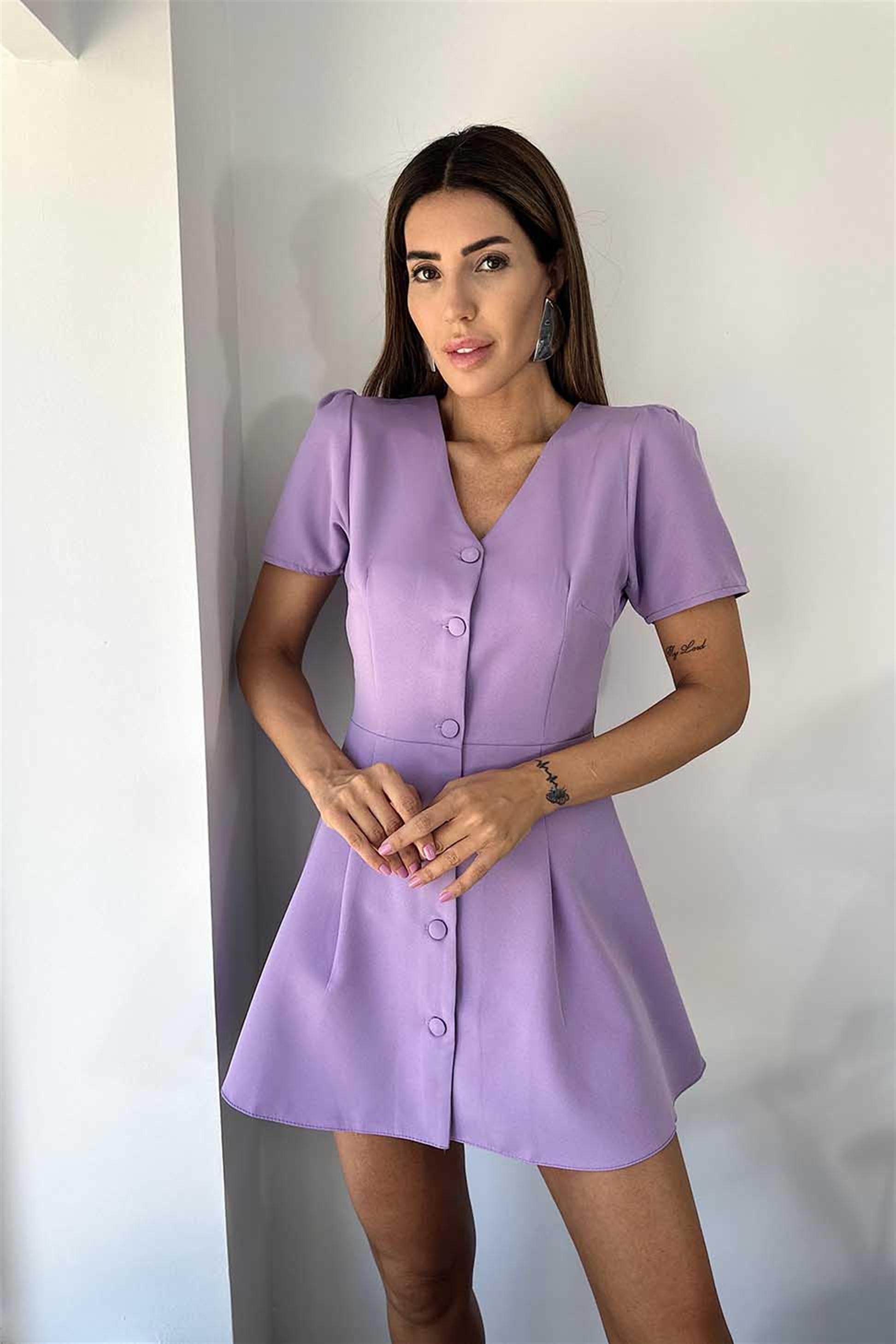 Lüks Kalite Krep Kumaş Düğmeli Mini Elbise Lila