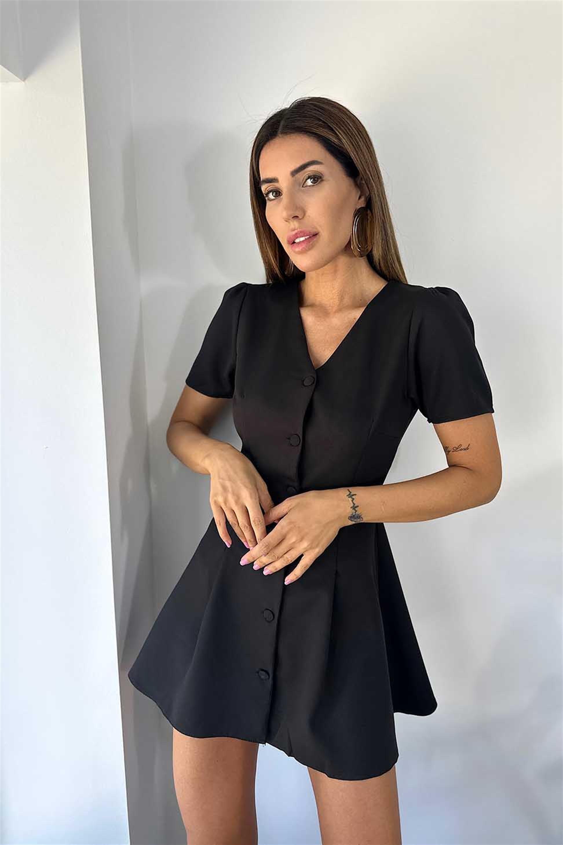 Lüks Kalite Krep Kumaş Düğmeli Mini Elbise Siyah